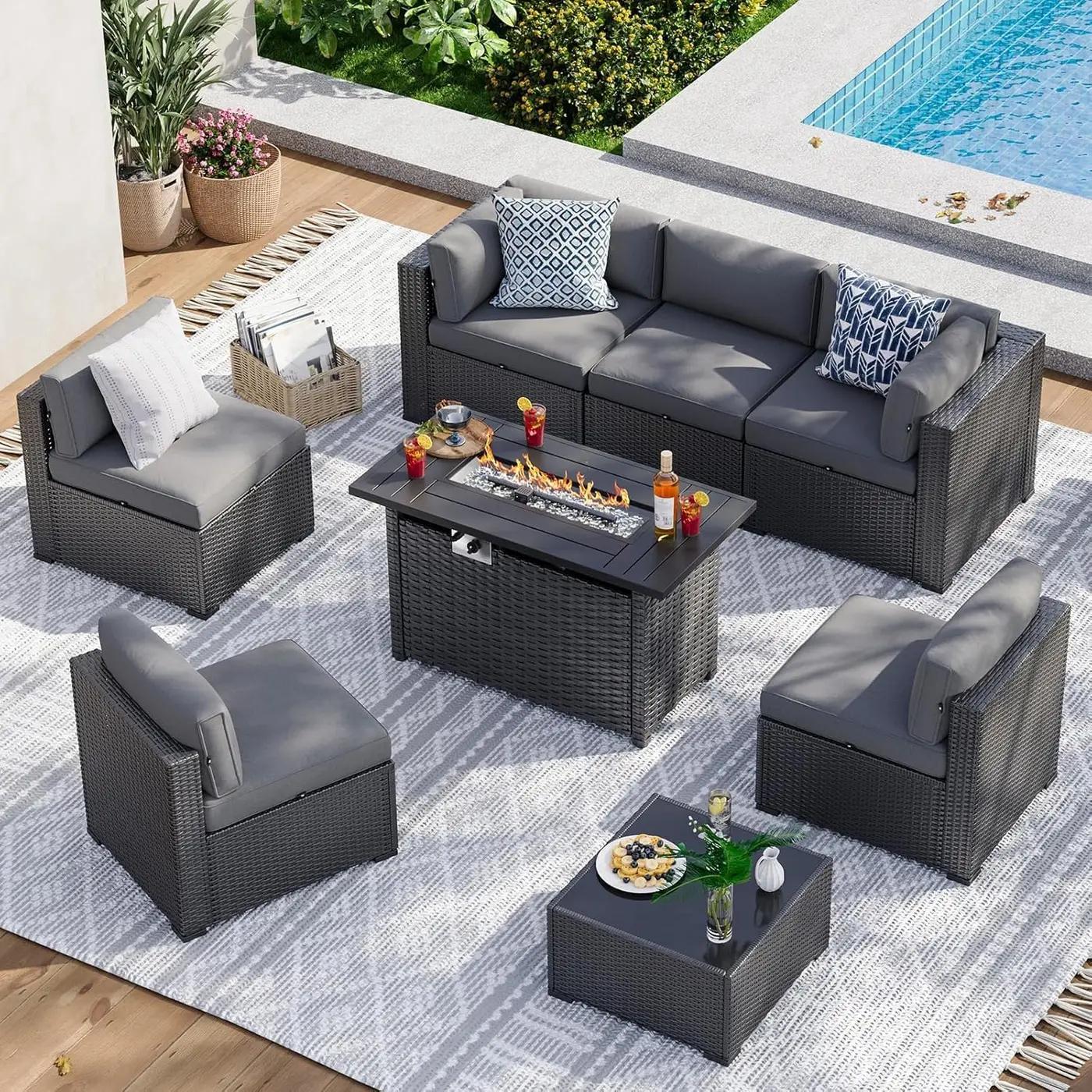 Aoxun 8 Piece Patio Furniture Set with 44” Fire Pit Table, Wicker Rattan Patio Sectional Sofa, Outdoor Furniture Set with Thickened Cushion, Grey Recycled Claim Standard Blended