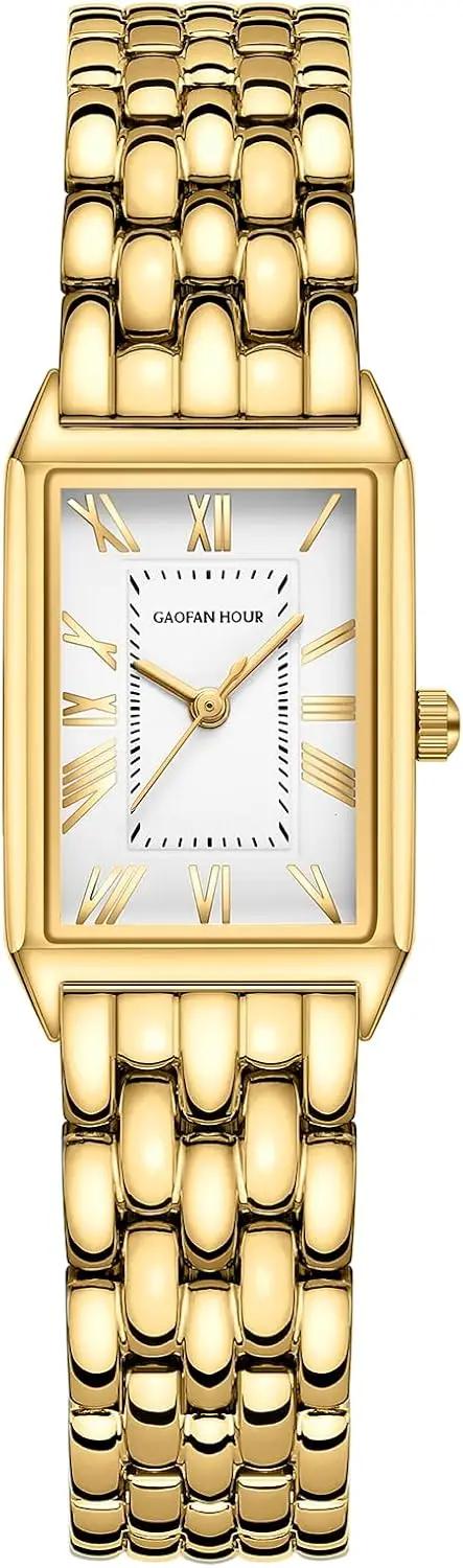 GAOFAN HOUR Gold Watches for Women with Vintage Rectangular Case,White Roman Dial,Stainless Steel Band,Adjustment Tool Included,Water Resistant