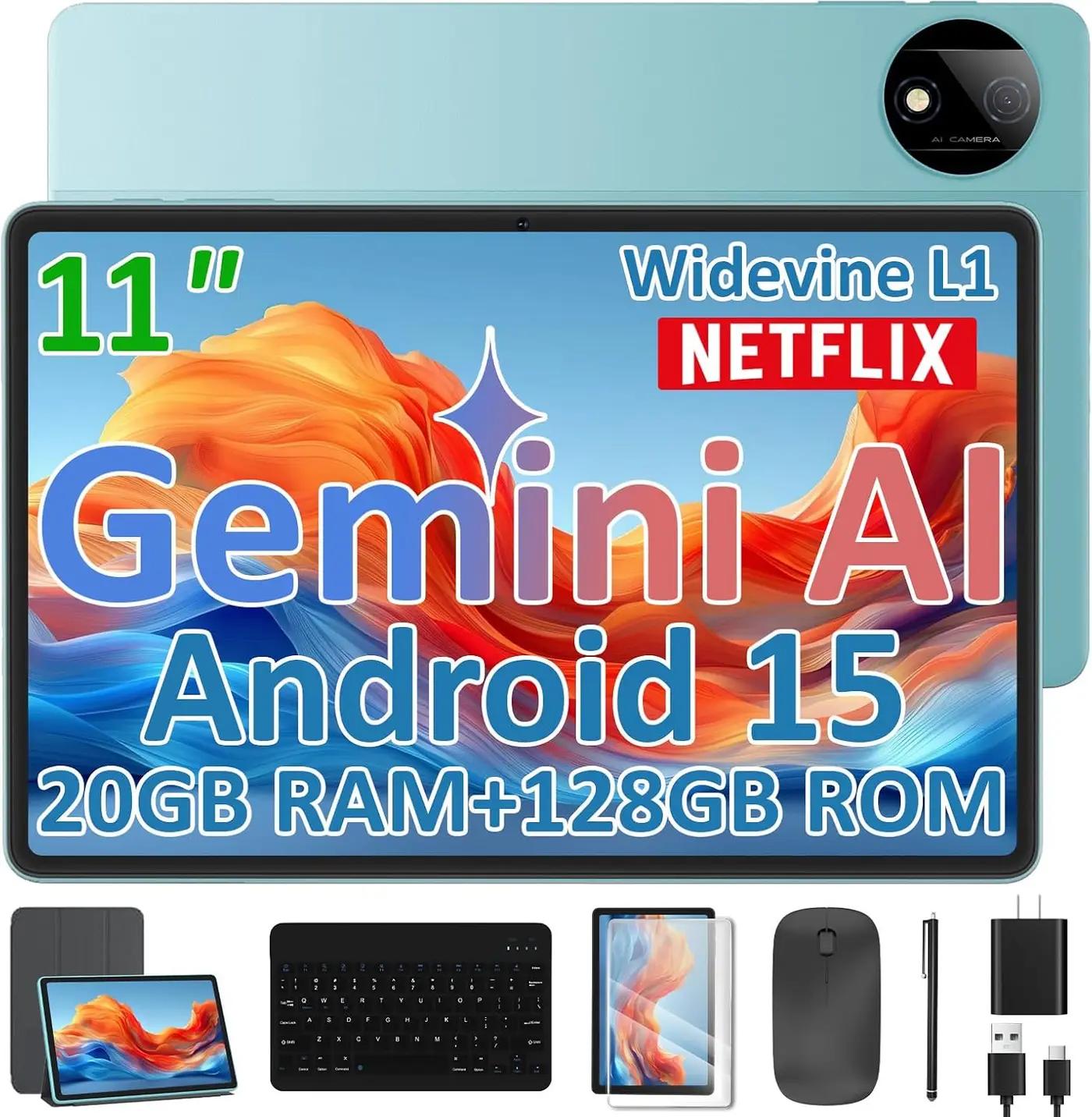Android 15 Tablet with Keyboard, 11 Inch Tablets 20GB RAM 128GB Storage (2TB TF), Octa-Core Processor, WiFi 6, 8000mAh, GMS Certified 2-in-1 Laptop Style, Mouse, Case &amp; Stylus Included, Blue Set