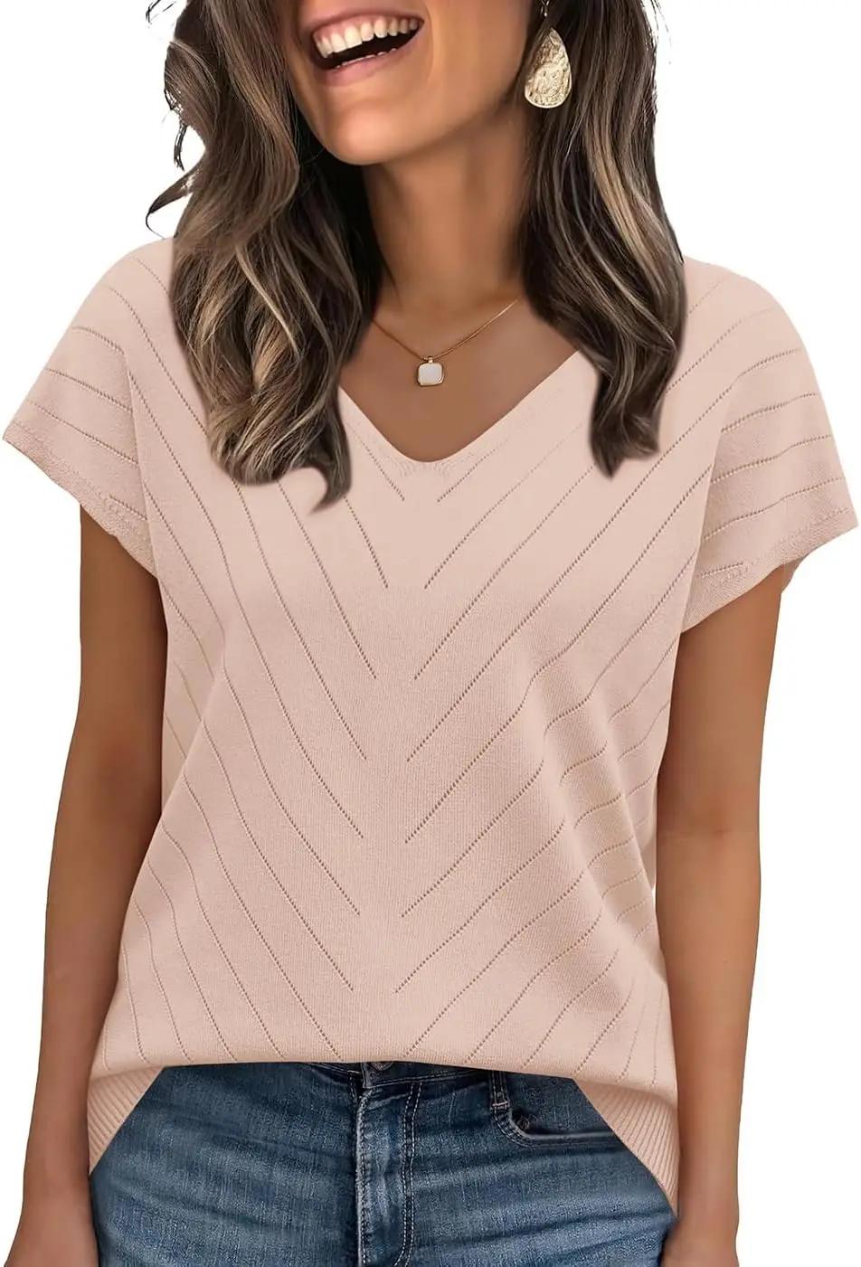 WIHOLL Short Sleeve Sweater for Women V Neck Trendy Summer Tops 2026 Beach Vacation Clothes Travel Business Casual Outfits OEKO-TEX STANDARD 100