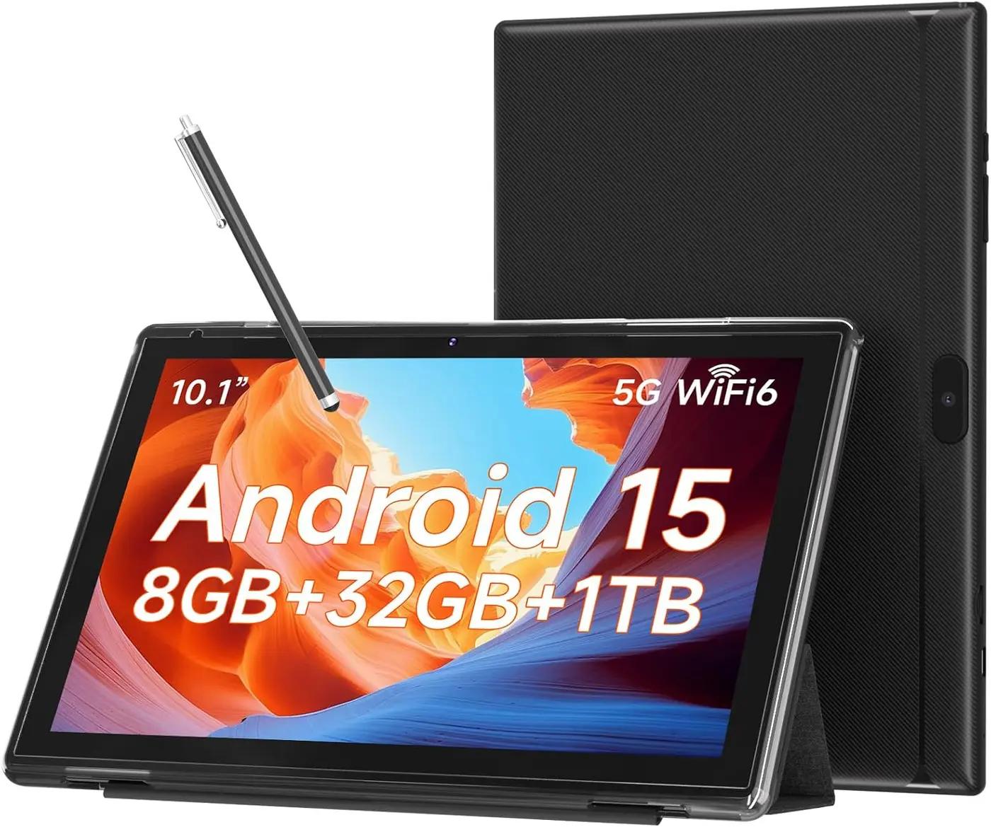 WUIUHOU 10.1 Inch Android 15 Tablet, 8GB RAM 32GB Storage, HD IPS Display, 5G WiFi 6,6000mAh Battery, Dual Camera for Video Call, Tab with Case &amp; Stylus Pen for Work/Study Tablet with case (Black)