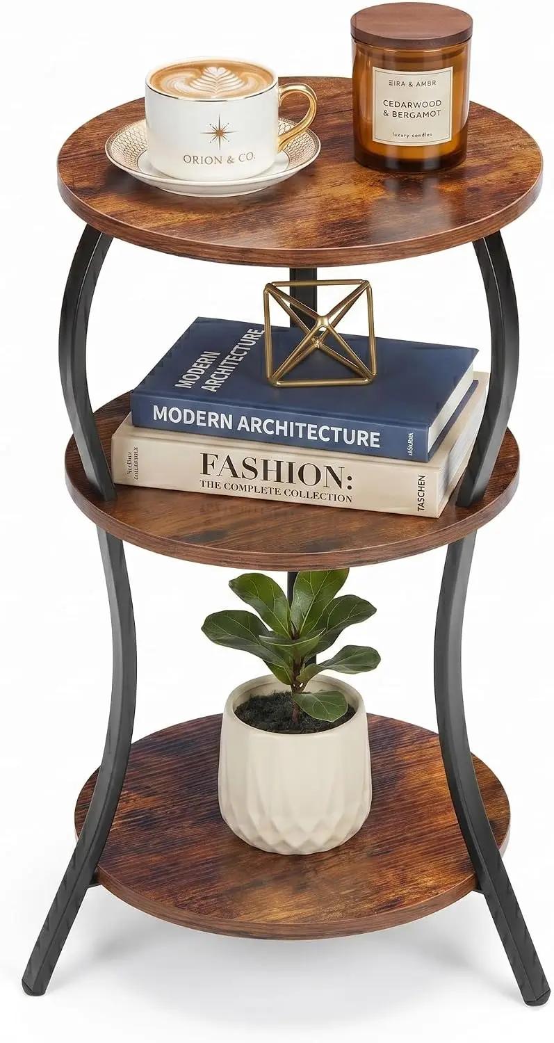 Vintage Small Round Side Table, 3-Tier Slim Waist Circular End Table with Storage Shelf, Compact Tea Sofa Table, Round Corner Coffee Table Nightstand for Living Room Bedroom Small Spaces,Rustic Brown