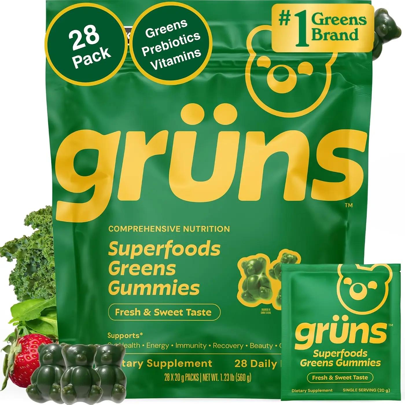 Gruns Adult Super Greens Multivitamin Gummies, Superfood Gummy Vitamins for Women and Men with Spirulina, Chlorella, Adaptogens &amp; Prebiotic Fiber for Digestive Health (28 Count)