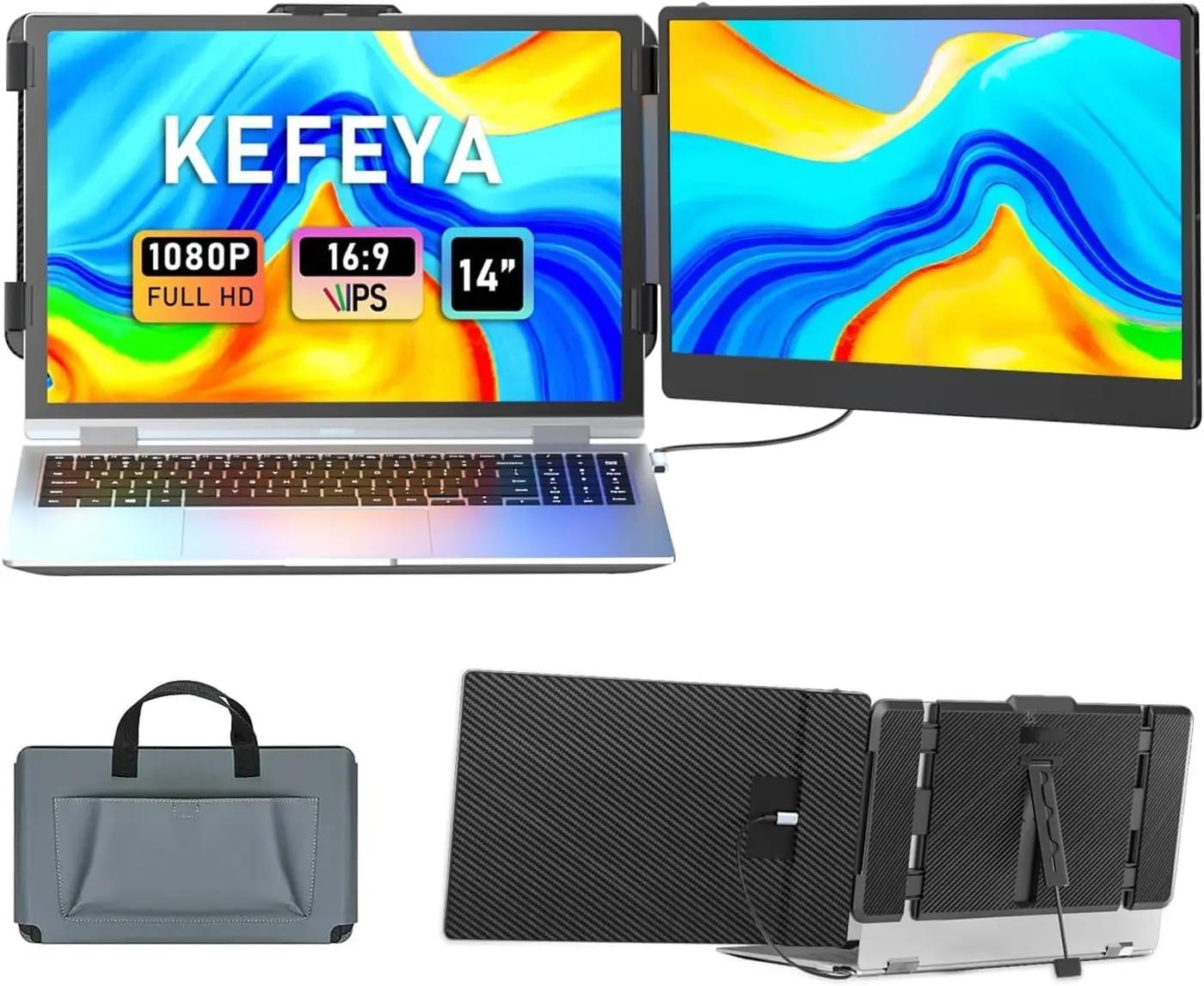 KEFEYA Laptop Screen Extender, 14" FHD 1080P IPS Laptop Monitor Extender Dual Screen, Portable Monitor for Laptops 13-17" with USB-C/HDMI Port, Plug n Play for Windows/Mac/Android/Switch/PS5 Global Recycled Standard