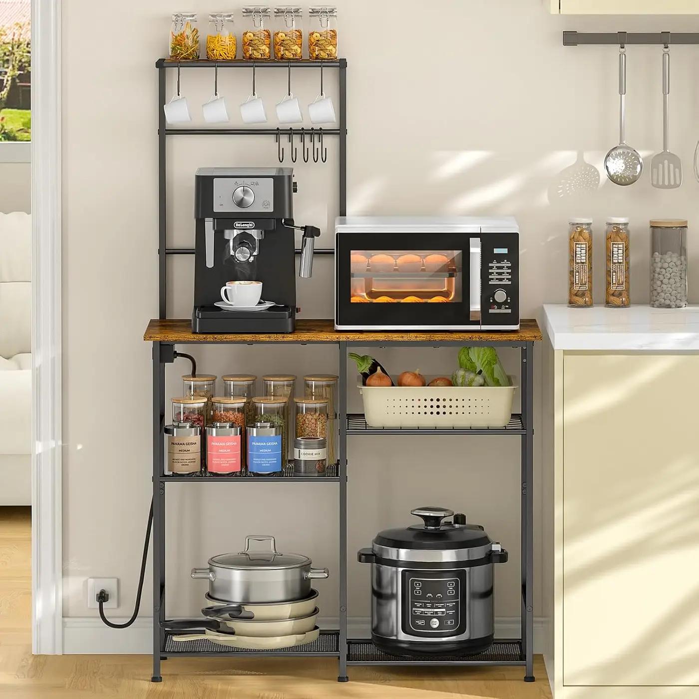 3IngSeagulls Bakers Rack with Power Outlet, Kitchen Microwave Stand with 10 S-shaped Hooks, 6-Tier Coffee Bar Station, Kitchen Storage Shelf Rack for Spices, Pots, Rustic Brown