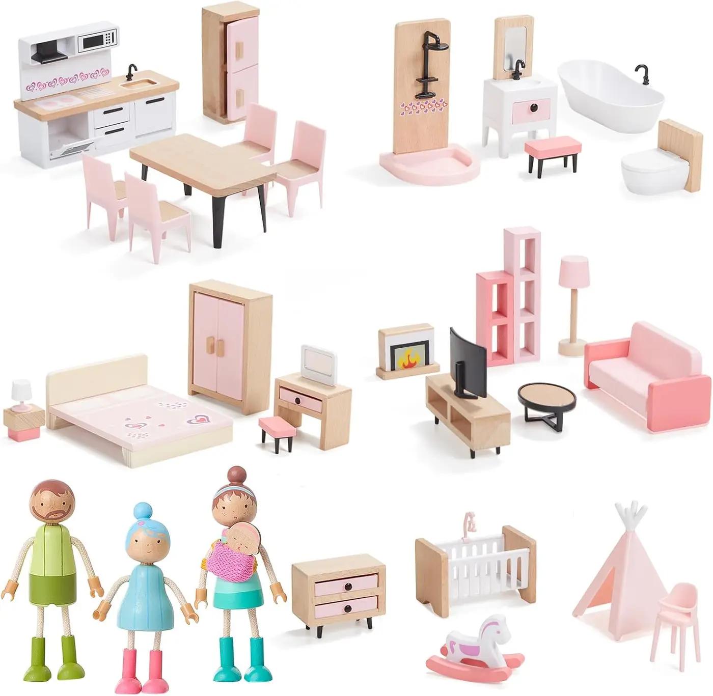 Giant bean 36pcs Wooden Dollhouse Furniture Set with Dolls for 5 Rooms, Wood &amp; Plastic Pink Dollhouse Accessories Pretend Play Furniture Toy Christmas Birthday Gift Toy for Kids Boys Girls Toddler 3+ The Forest Stewardship Council