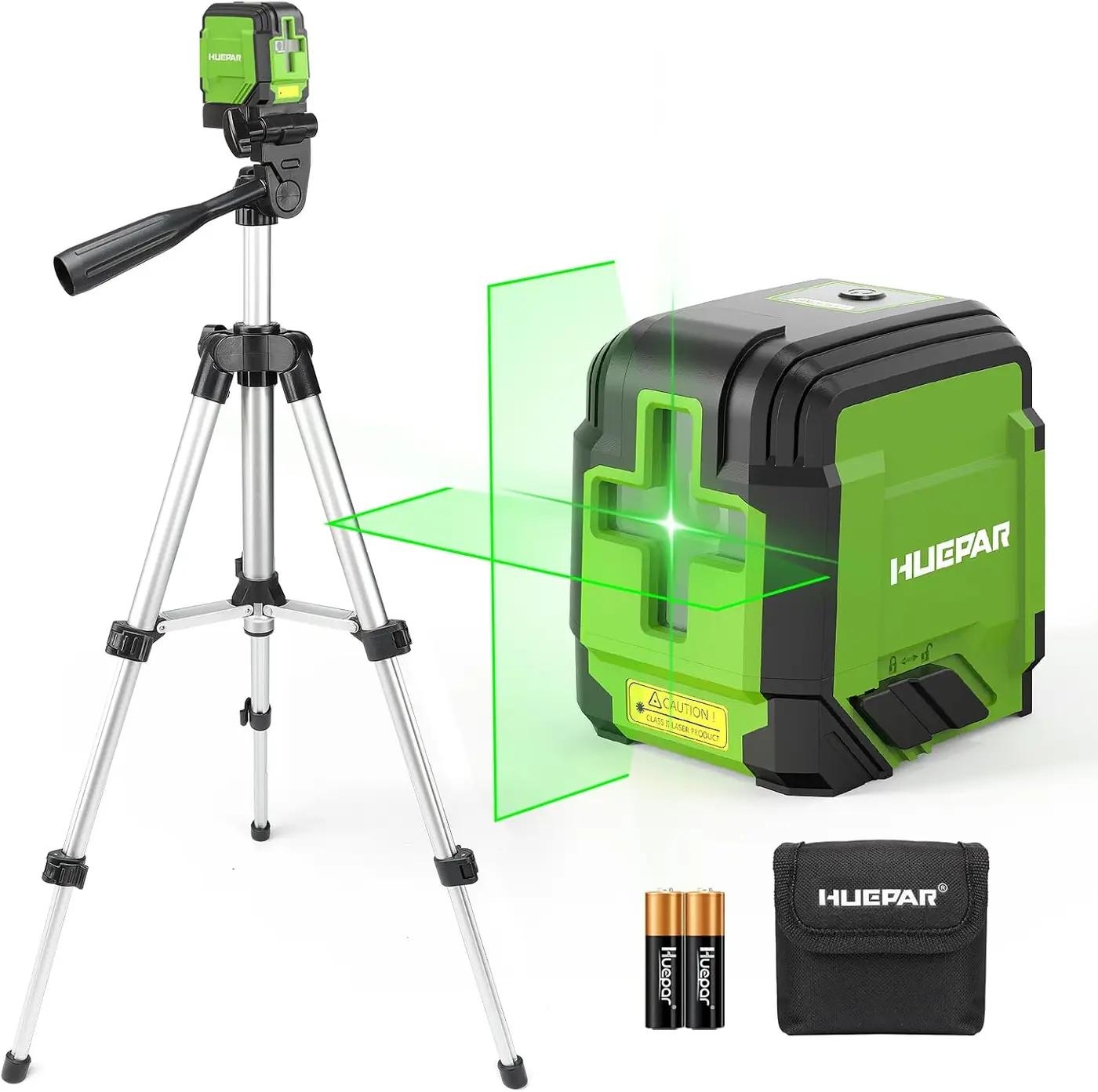 Laser Level with 40in Tripod, HUEPAR 98Ft Self Leveling Laser Level Green Line Laser Cross Line Laser Leveler Tool for Picture Hanging, Home Renovation, Indoor Project, Battery&amp;Carrying Bag Included Global Recycled Standard
