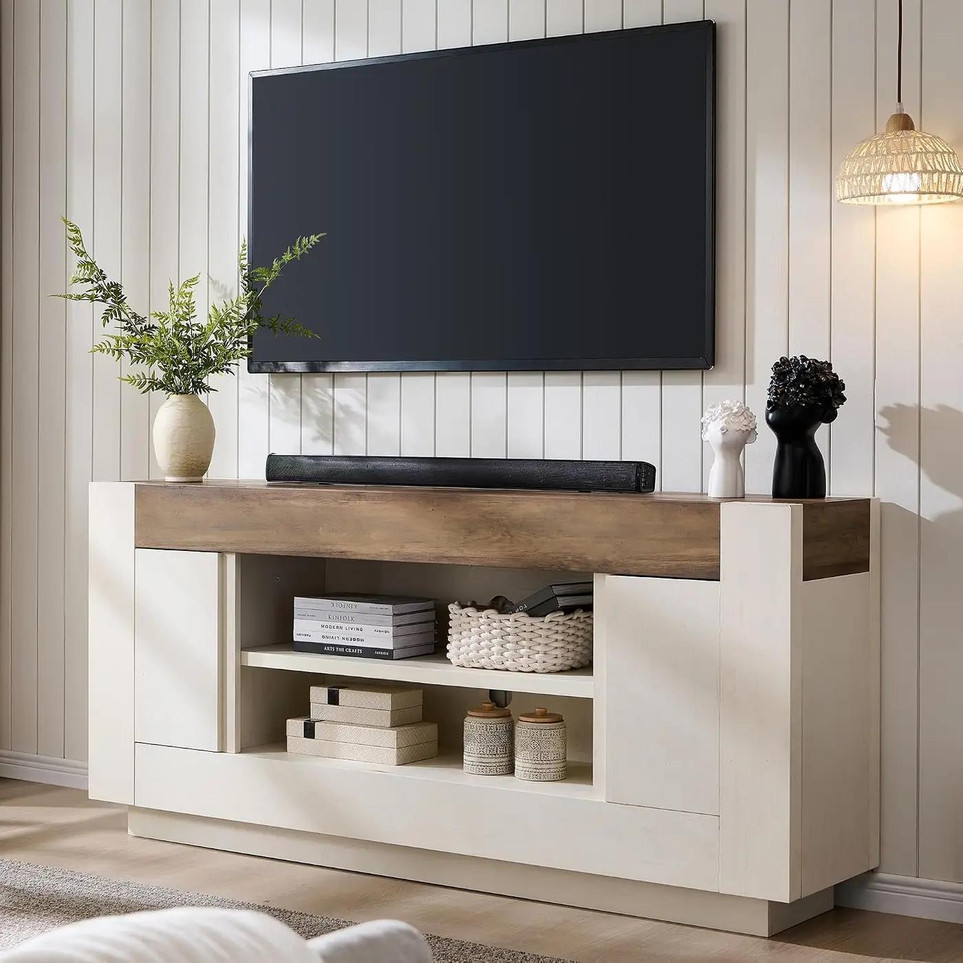 OKD Modern 70" TV Stand, Entertainment Center for TVs Up to 80", Media Console with Large Open Storage &amp; Side Cabinets, Thick Wood Design for Living Room, Antique White