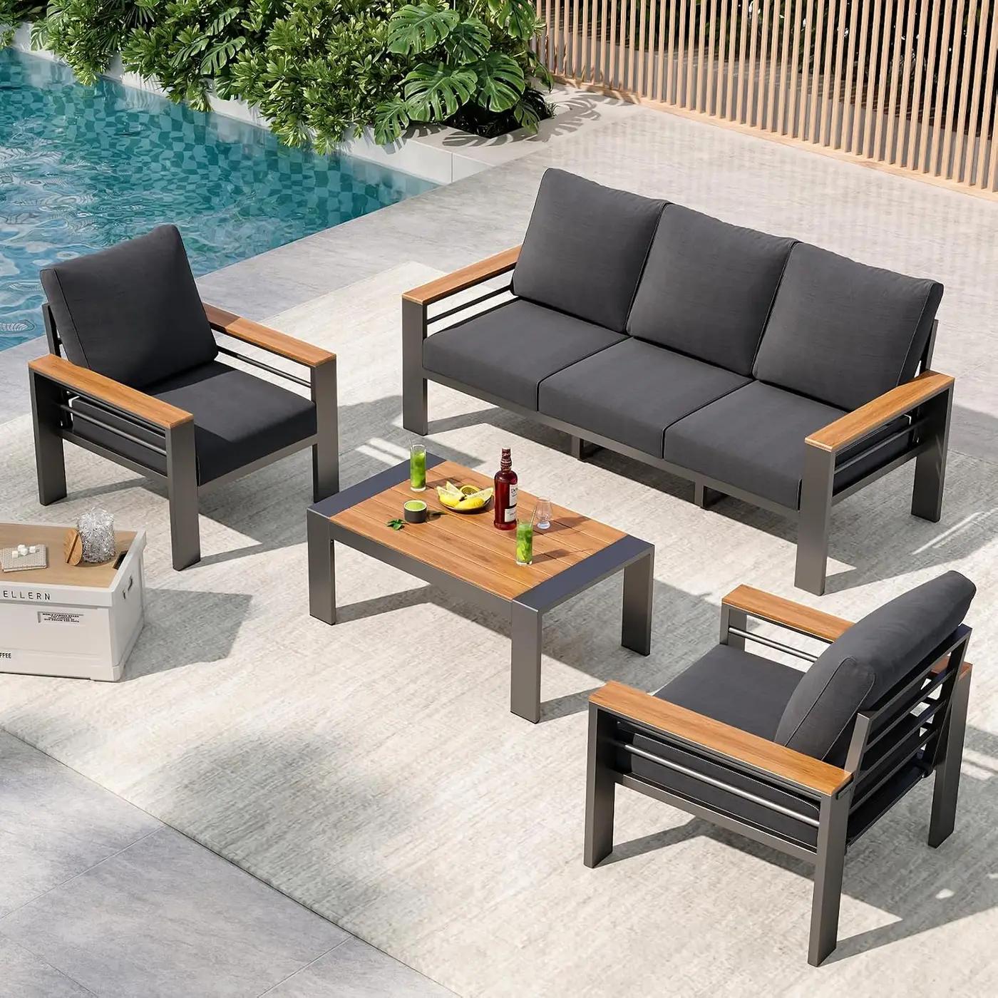 Aoxun Aluminum Outdoor Patio Furniture Set, 5 Seats Outdoor Sectional with Coffee Table, Patio Conversation Sets with Upgraded Armrests and Cushions for Backyard, Garden and Poolside Recycled Claim Standard Blended