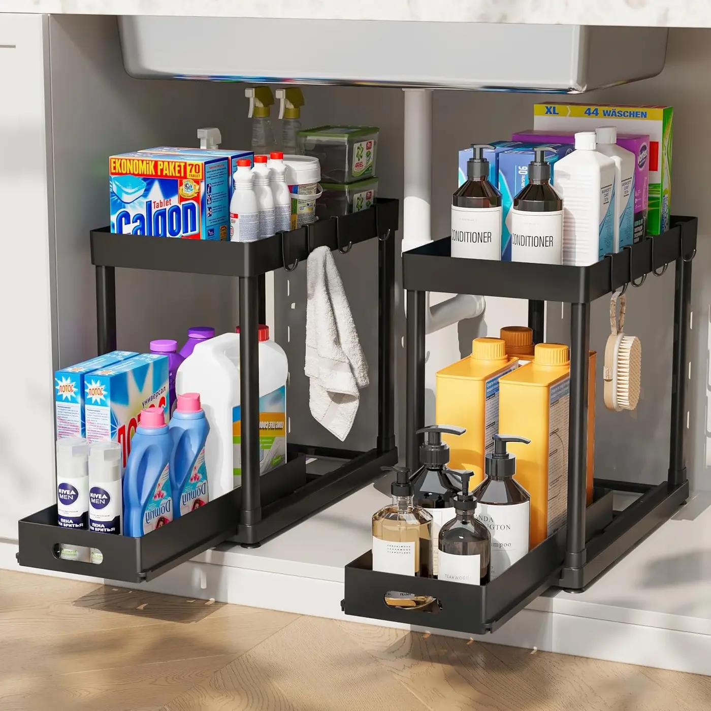 2 Pack Pull-Out Storage Organizers, Under Sink Organizer and Storage for Bathroom &amp; Kitchen,Multi-Purpose Under Cabinet Organizers and storage Black