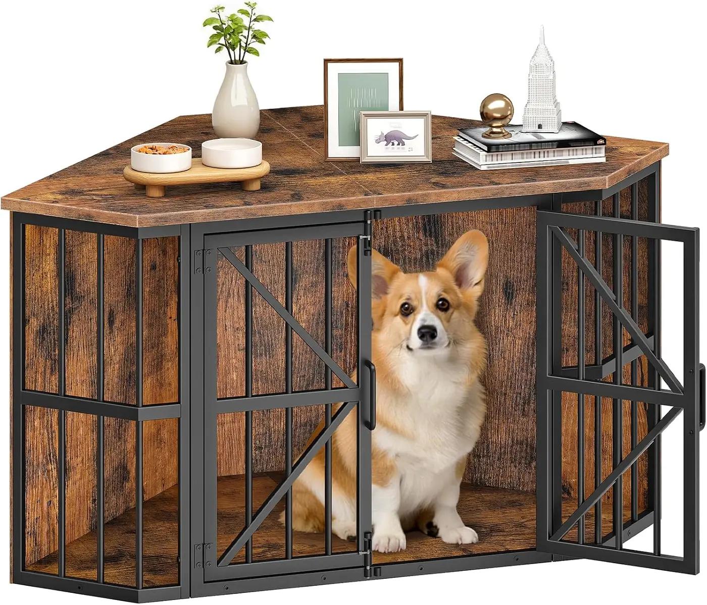 CHOEZON 44" Corner Dog Crate Furniture, Corner Dog Kennel Furniture with X-Design Metal Frame, Corner Dog Crate TV Stand for Medium Dogs, Pet Crates Corner End Table, Rustic Brown and Black TGW03BF