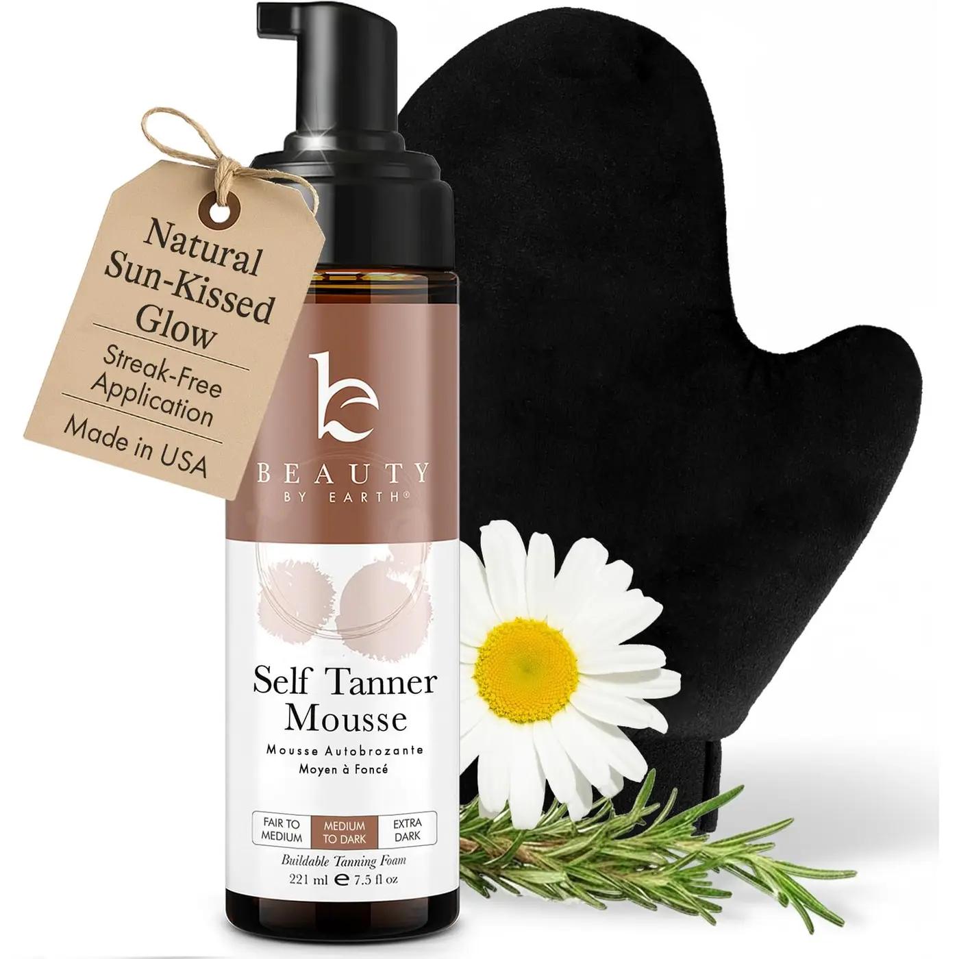 Self Tanner Tanning Mousse Kit - USA Made with Natural &amp; Organic Ingredients, Self Tanner Mousse and Mitt, Tan Kit, Fake Tan Tanning Foam, Medium to Dark, Sunless Tanners Best Sellers