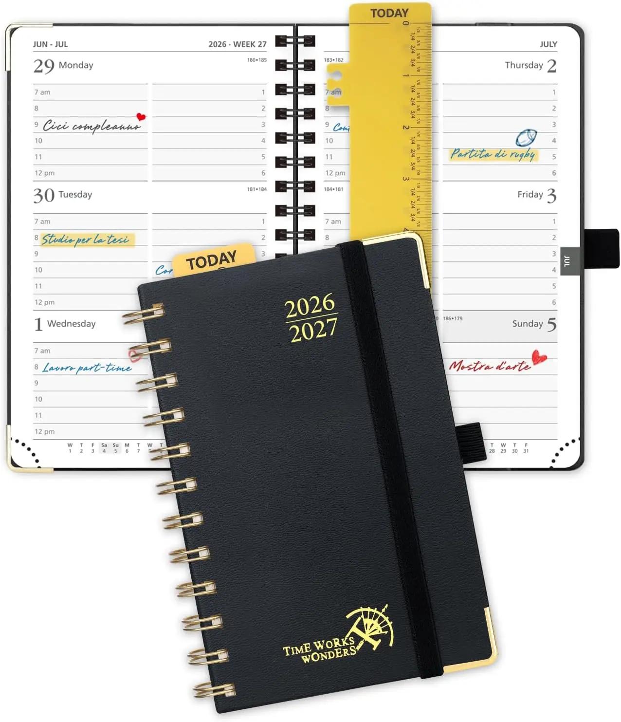 POPRUN Pocket calendar 2026-2027,pocket planner Jul 2026-Jan 2027, 6.5" x 3.5" Small Planner for Purse,Inner-pocket Weekly Planners with Hardcover, Tabs, Ruler, Pen Loop ,Unisex Weekly Planners for Organizing and Office - Black