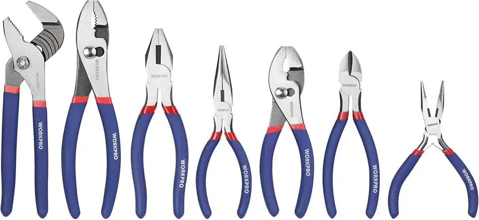 7-piece WORKPRO Pliers Set with Groove Joint, Long Nose, Slip Joint, Linesman, and Diagonal Pliers for DIY &amp; Home Use