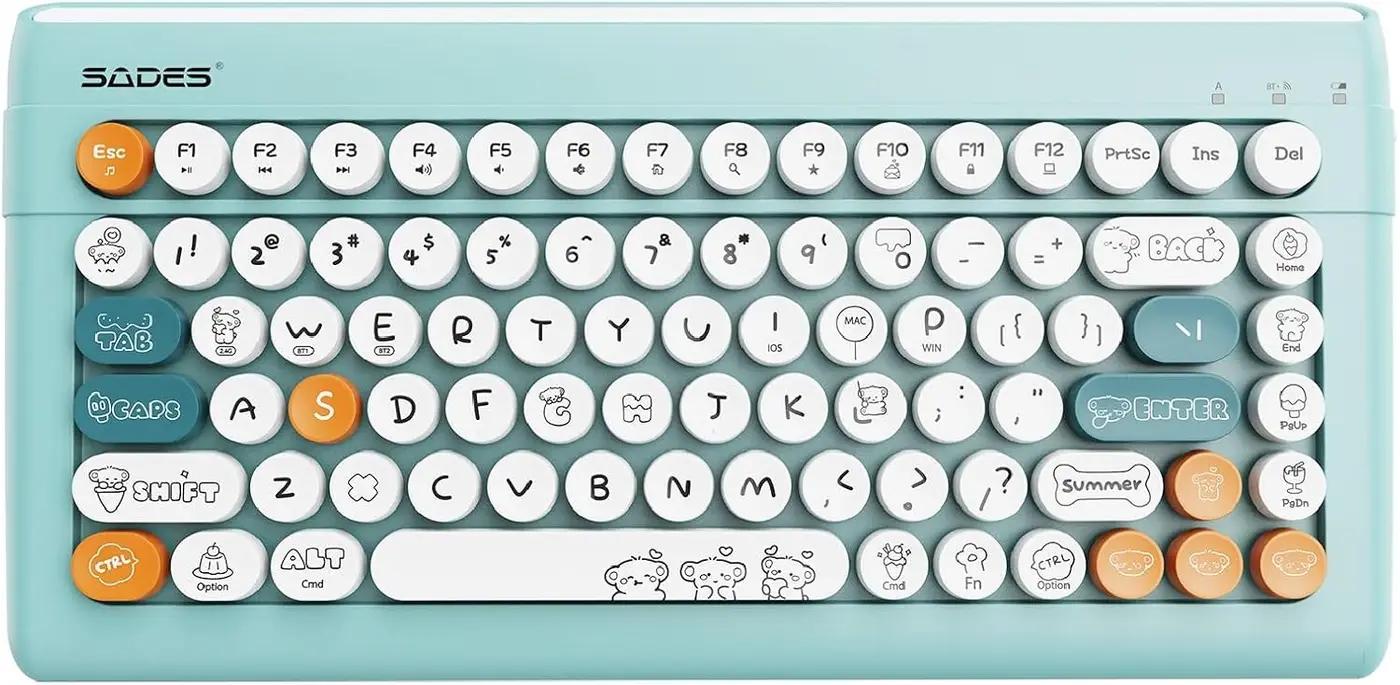 Wireless Bluetooth Keyboard for iPads Tablet Mac PC Laptop Desktop Smart Phone,Cute Typewriter Style Computer Keyboards with Round Raised Keycaps,Mini iPad Keyboard for Kids Girl Women-Blue Colorful