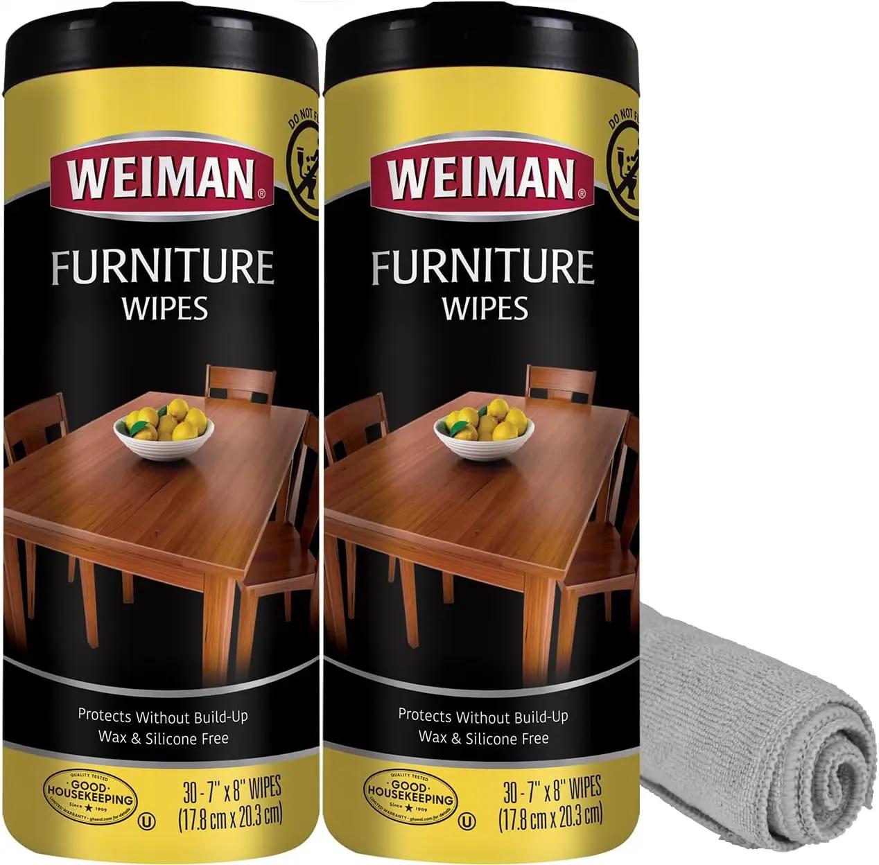 Weiman Wood Polish and Cleaning Wipes, For Furniture Cleaner, Protect from Watermarks, Stains &amp; Aging, No Build-Up, UVX-15 Prevent Drying, Fading &amp; Discoloration, 2 Pack with Microfiber Cloth