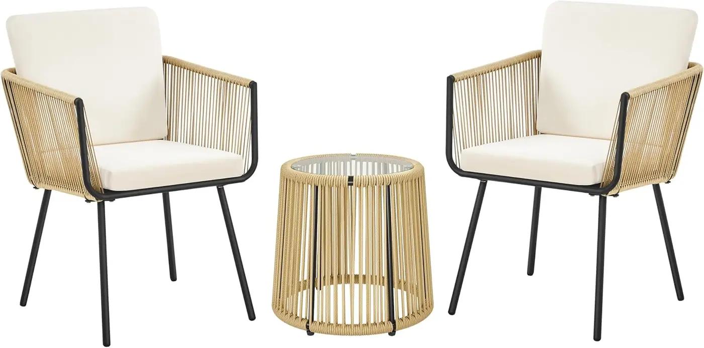 Yaheetech 3 Piece Patio Rattan Bistro Set, Outdoor All Weather PE Wicker Conversation Furniture Set with 2 Chairs &amp; Tempered Glass Top Table &amp; Cushions, for Poolside/Porch/Garden/Yard, Tan/Cream