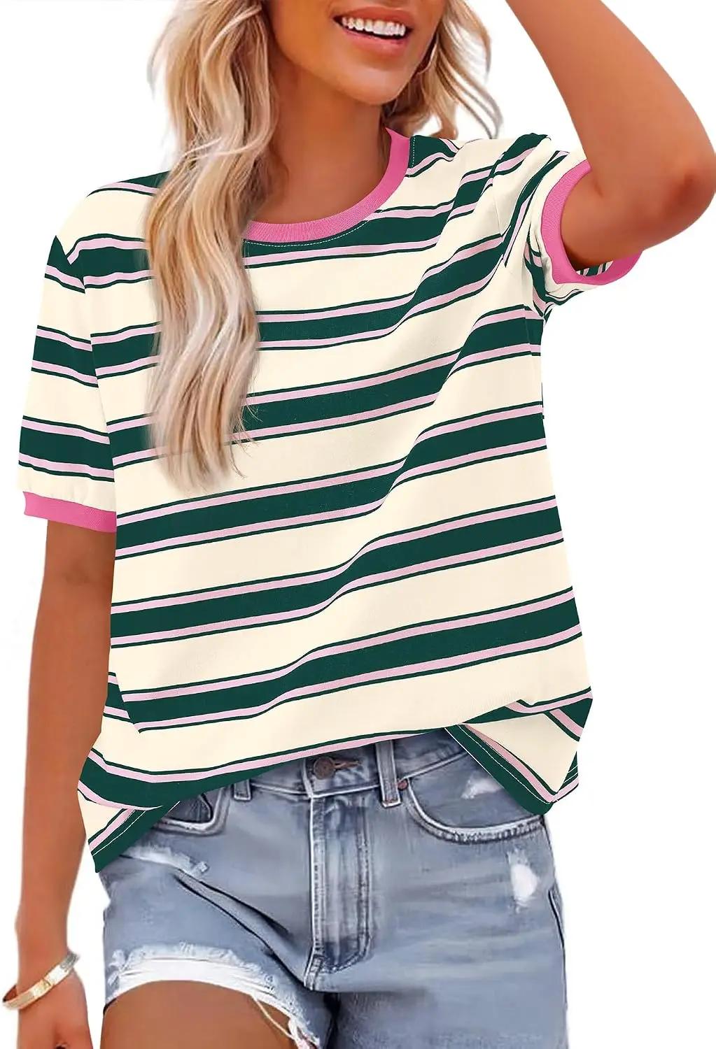 BTFBM Summer Tops for Women 2026 Crewneck Short Sleeve Striped T Shirts Casual Spring Clothes Color Block Basic Tee Blouses OEKO-TEX STANDARD 100