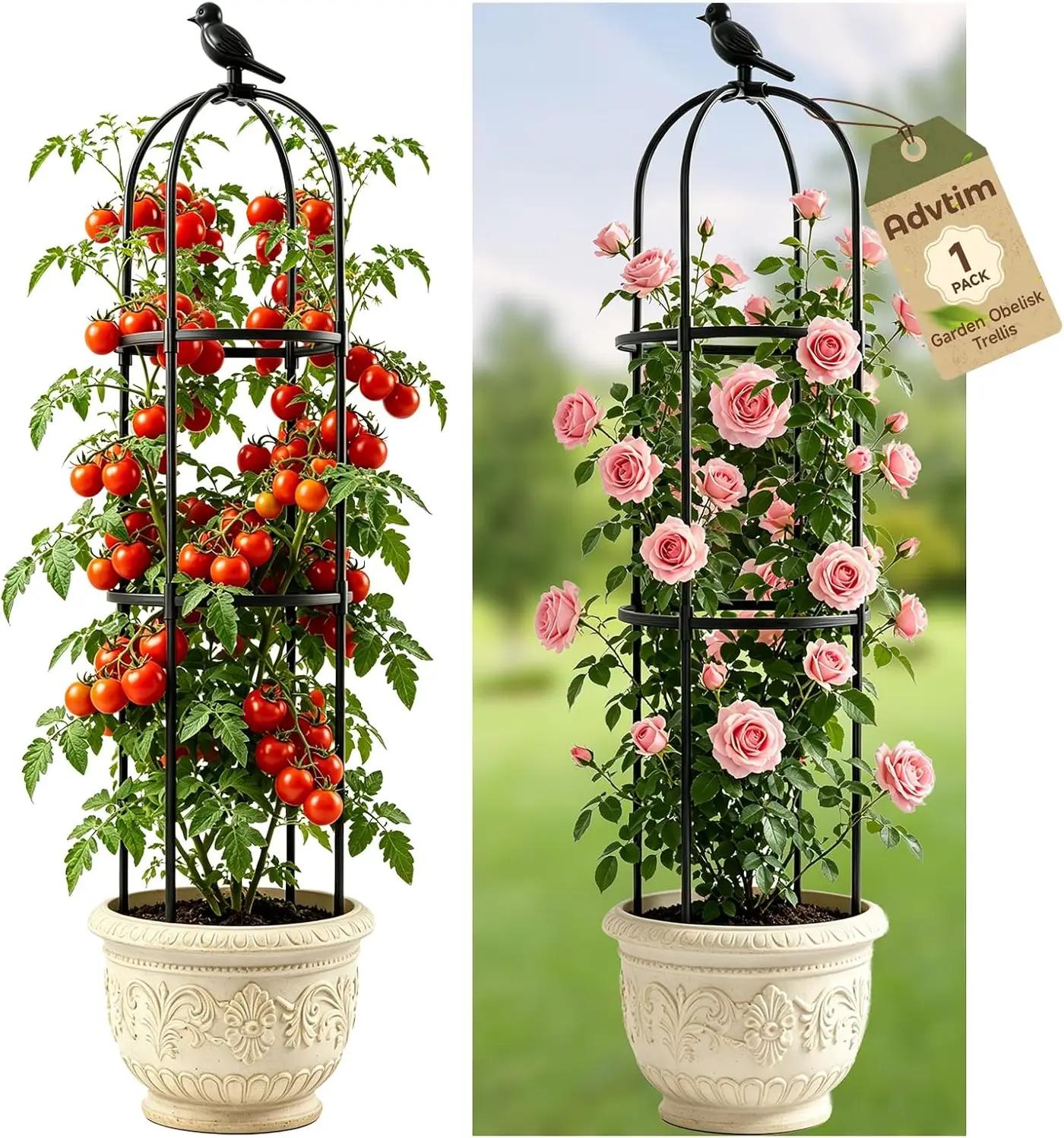 1pcs Garden Obelisk Trellis for Climbing Plants Outdoor, Tomato Cages for Garden, Metal Rustproof Plant Support Trellis for Potted Plants, Rose, Vine, Vegetable for Outdoor &amp; Indoor Use (Black)