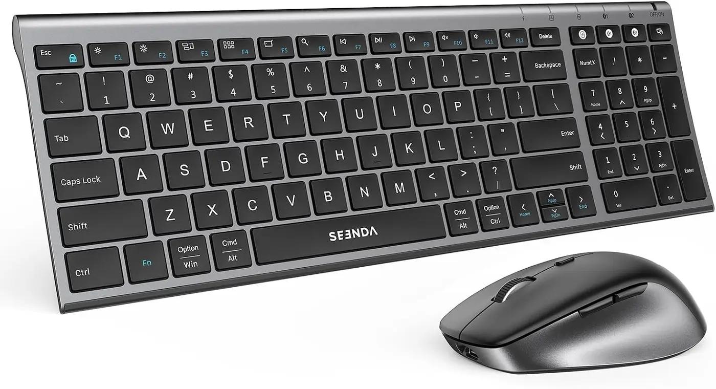 seenda Wireless Bluetooth Keyboard and Mouse Combo, COE401 Rechargeable Slim Keyboard Mouse, 3 Multi-Device Connection, Compact Quiet Set Compatible for Mac/Windows Laptop MacBook iPad, Black Gray ClimatePartner certified