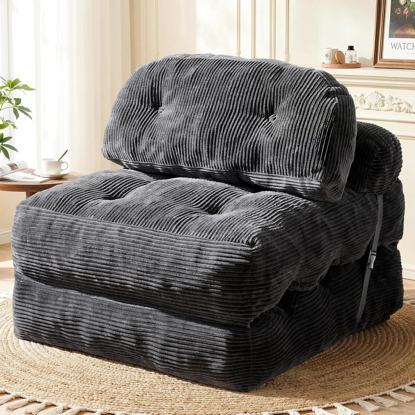 Folding Sofa Bed, Convertible Sleeper Chair with Back Support and Pillow Futon,Boneless Foldable Couch for Living Room/Guest Use/Home Office, Foldable Chair Bed for Adults, Dark Gray
