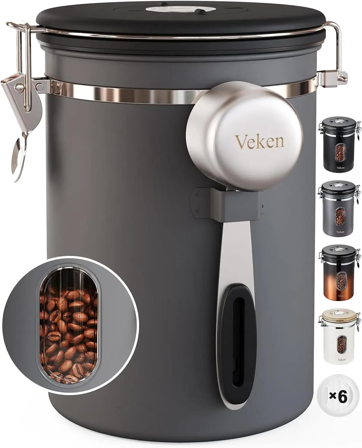 Veken Coffee Canister with Window,Airtight Stainless Steel Kitchen Food Storage Container, Date Tracker &amp; Scoop for Grounds Coffee, Beans, Tea, Flour, Cereal,Sugar,22OZ,Grey