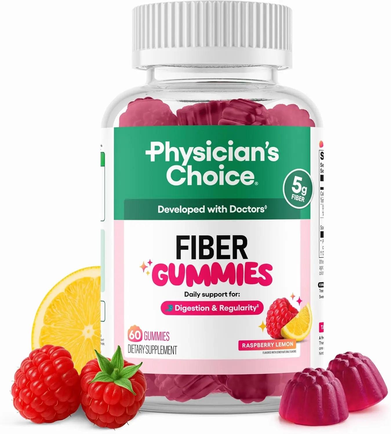 Physician’s Choice Fiber Gummies for Digestive Health &amp; Regularity - Raspberry Lemon Flavor - No Sugar Added &amp; Vegan - Natural Chicory Root Prebiotic Fiber - Daily Gummy for Adults, Women &amp; Men - 60CT