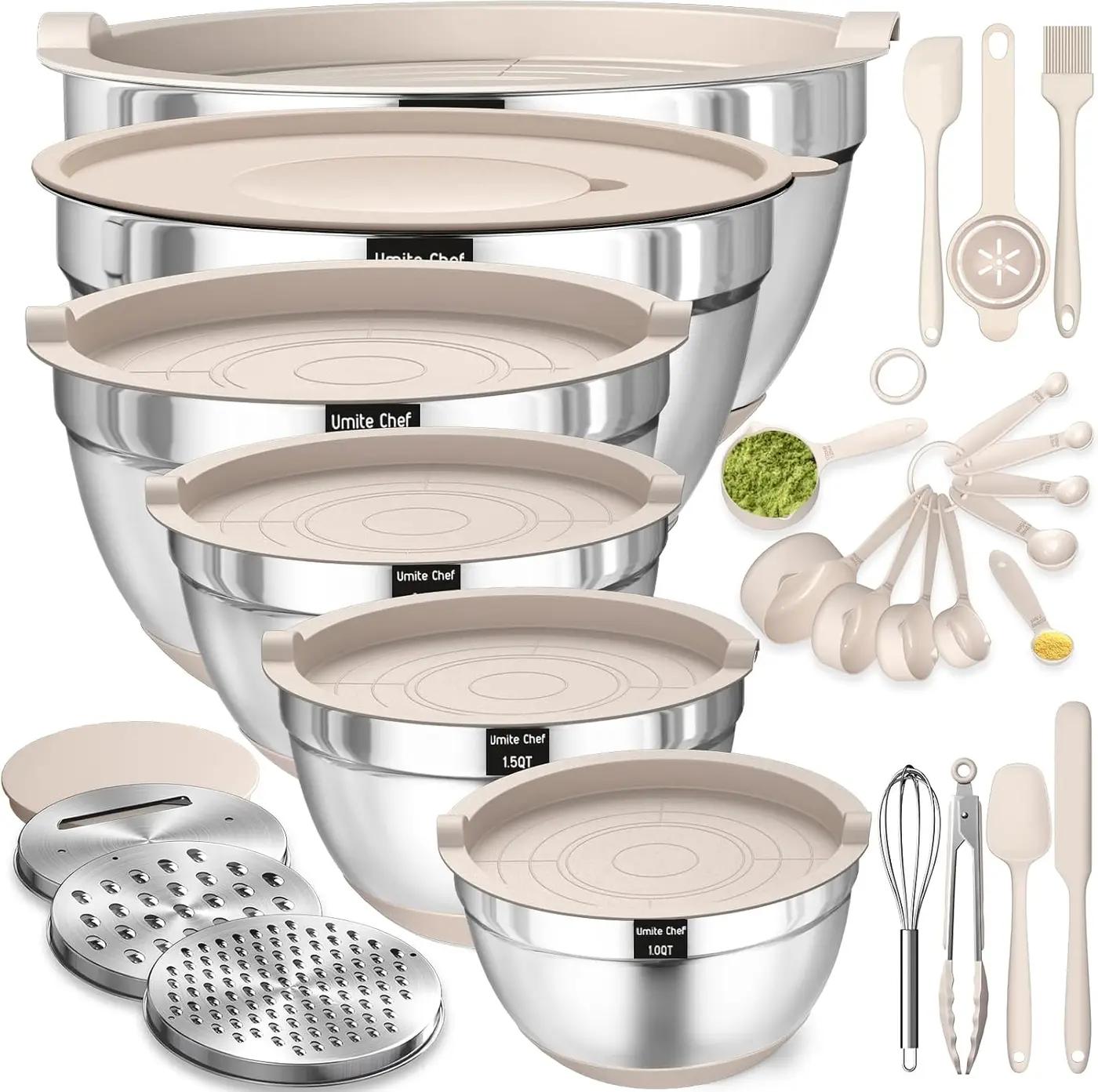 Mixing Bowls with Airtight Lids Set, 26PCS Stainless Steel Khaki Bowls with Grater Attachments, Non-Slip Bottoms &amp; Kitchen Gadgets Set, Size 7, 4, 2.5, 2.0,1.5, 1QT, Great for Mixing &amp; Serving