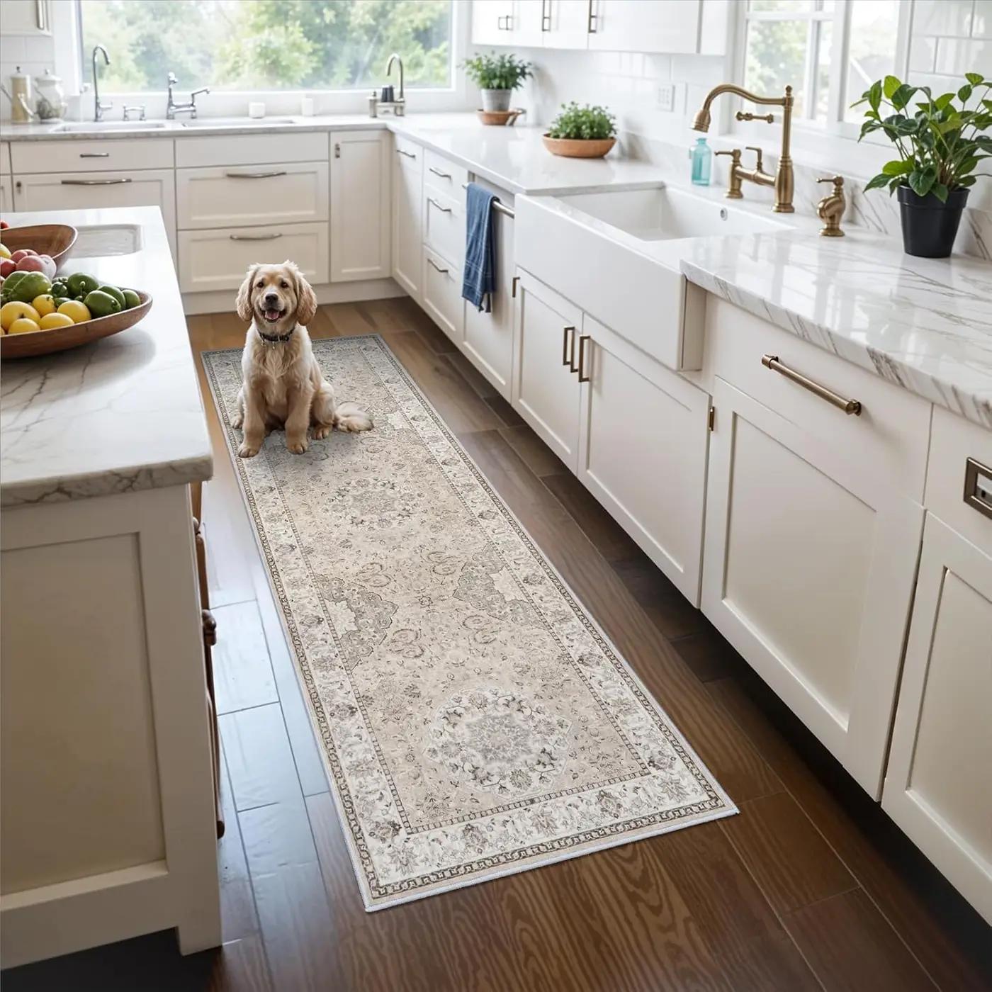 2x6 Hallway Washable Runner Rug : Vintage Soft Kitchen Laundry Runner with Non Slip Backing Farmhouse Entryway Living Room Floor Mat Stain Resistant Carpet for Bedroom Bathroom Distressed Beside Rug OEKO-TEX STANDARD 100