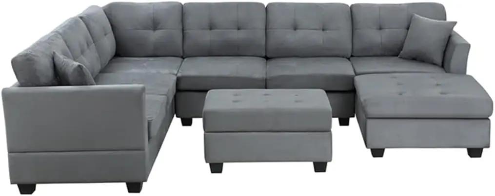 U-Style Upholstery Sectional Sofa with Storage Ottoman Living Room Furniture Corner Sofa Set