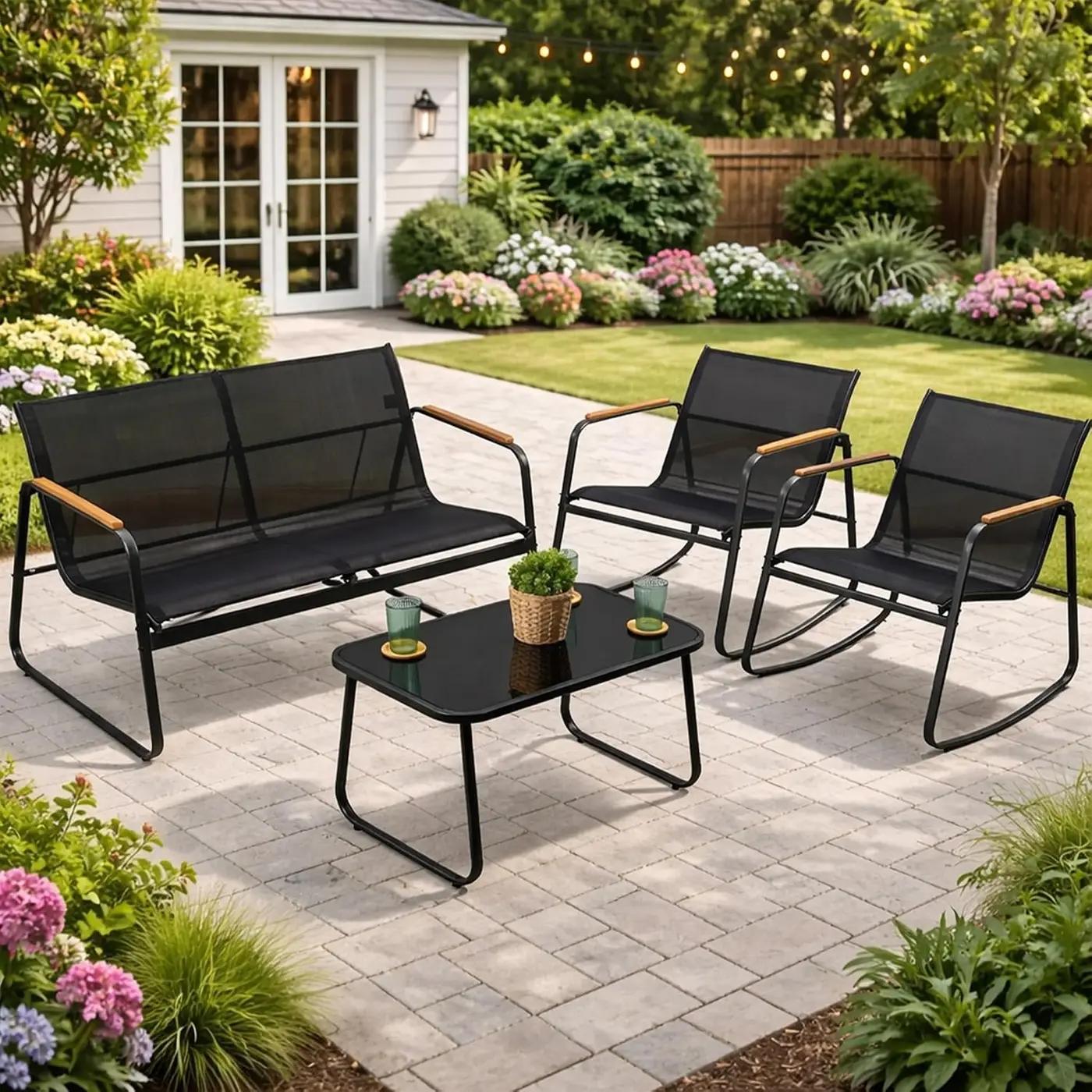 Kozyard 4-Piece Outdoor Patio Furniture Set with Textilene Chairs, Metal Conversation Set, Tempered Glass Coffee Table, Powder-Coated Steel Frame for Garden, Poolside, Backyard Black