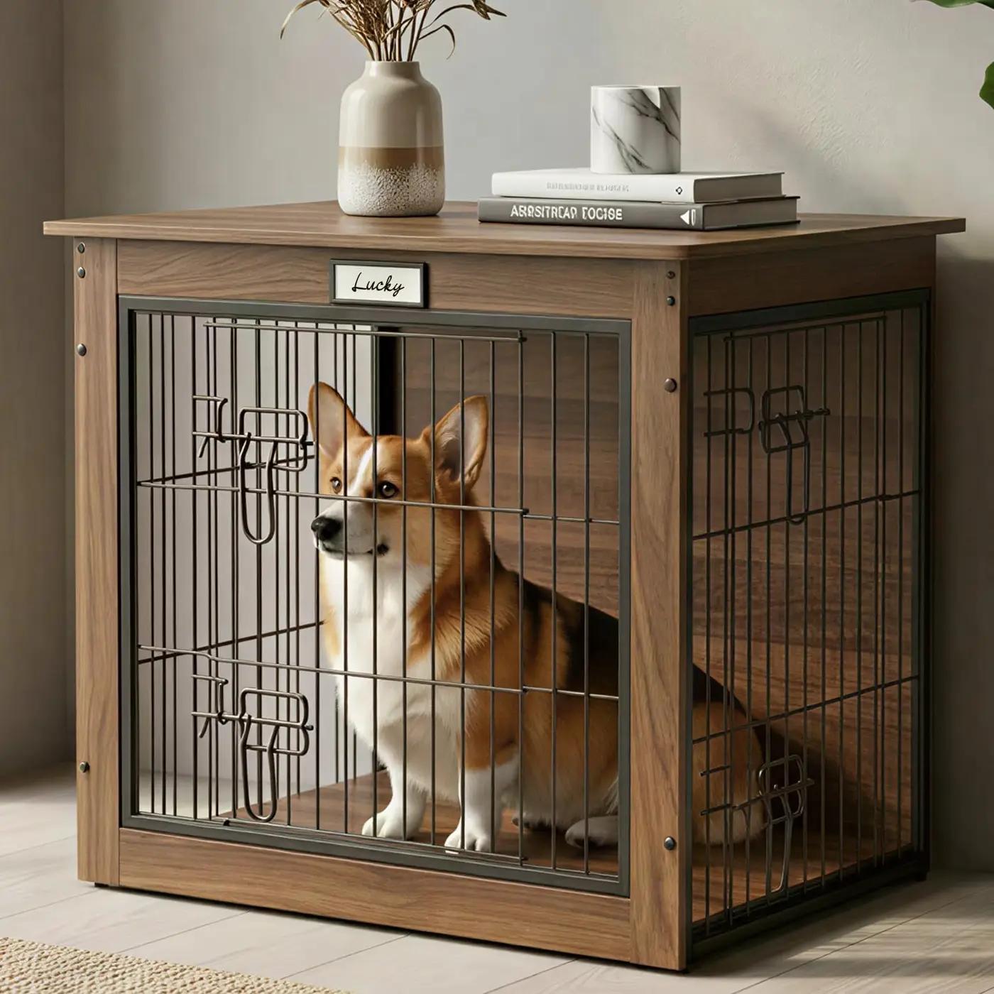 Dog Crate Furniture for Small/Medium Dog 28'' Wooden Dog Crate Indoor, Dog Kennel End Table, Reversible Side Door, Double Lock, Heavy Duty Steel Mesh, Furniture Style Pet Cage, Walnut