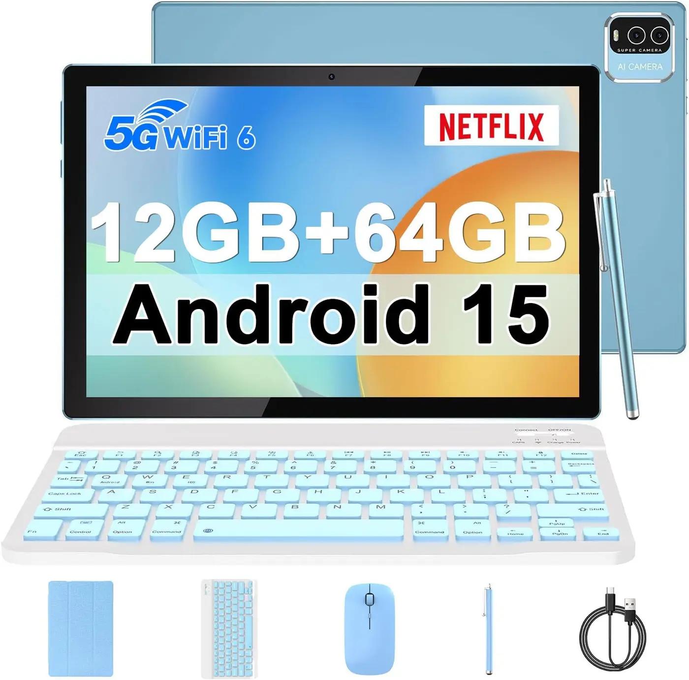 IWEGGO Android 15 Tablet, 10 inch 12GB RAM+64GB ROM+1TB Expandable, 1.8Ghz Quad-core Processor, 2 in 1 Tablets with Keyboard Case Mouse Stylus, 5G Wifi, 8MP Dual Camera, 1280*800 HD Screen Tablet Blue