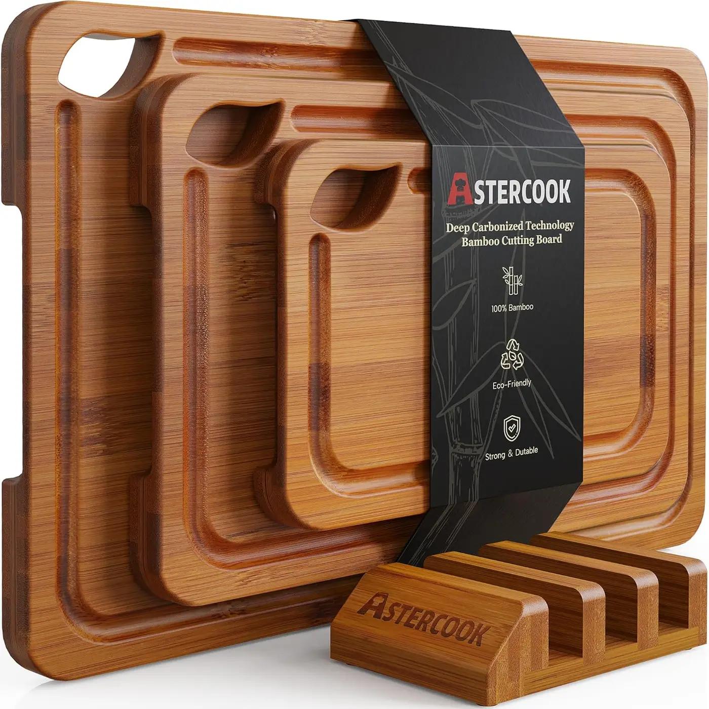 Astercook Deep-Carbonized Bamboo Cutting Boards for Kitchen with Wood Storage Stand, Reversible Charcuterie &amp; Chopping Boards with Juice Grooves and Easy-Grip Handles, Knife-Friendly, Kitchen Gift