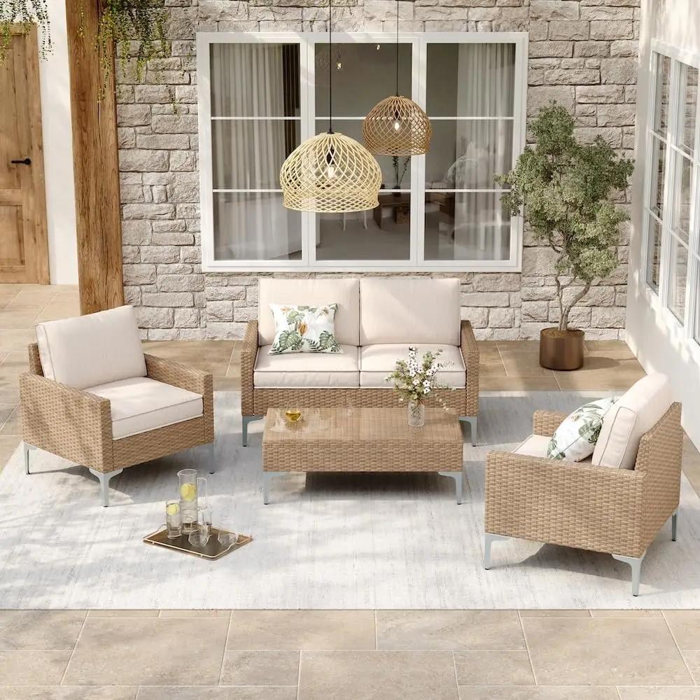 JOYURE 4-Piece Patio Furniture Set,Outdoor Wicker Patio Conversation Set with Tempered Glass Table,All-Weather Rattan Sectional Loveseat&amp;Chairs with Thick Cushions for Garden,Deck,Backyard-Beige