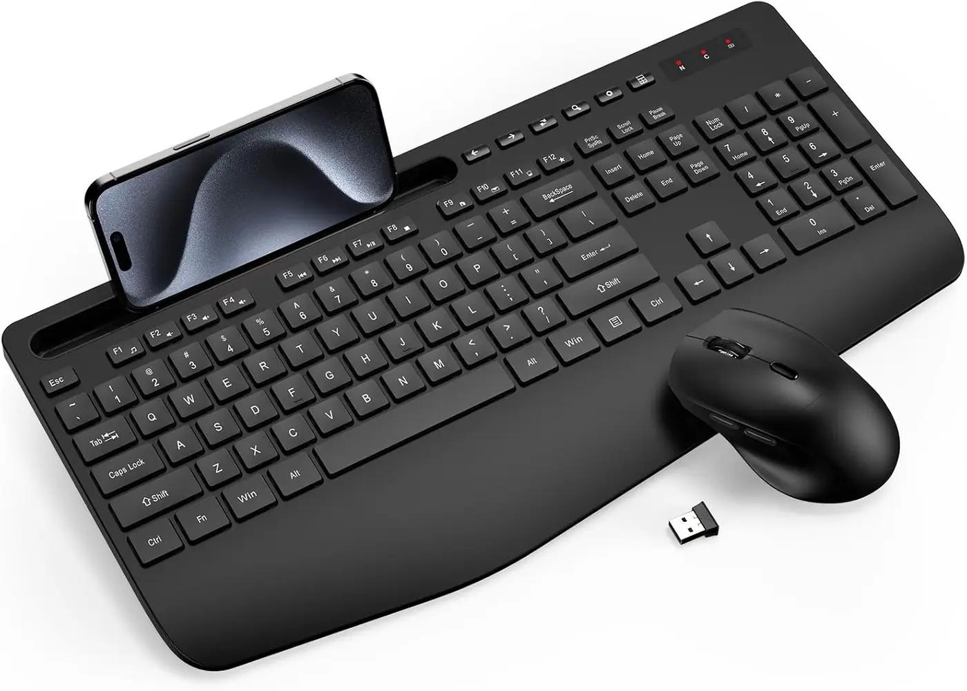 Wireless Keyboard and Mouse Combo - Full-Sized Ergonomic Keyboard with Wrist Rest, Phone Holder, Sleep Mode, 2.4G Quiet Keyboard for PC Laptop, Complete Work Setup for Office or Home -Trueque KM23 ClimatePartner certified