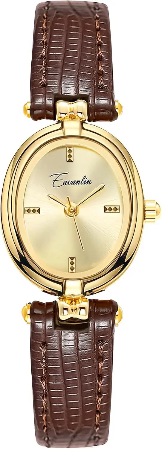 CARLIEN Womens Fashion Small Gold Oval Quartz Watches Vintage Leather Band Waterproof Luxury Casual Ladies Bracelet Wrist Watch Brown Black