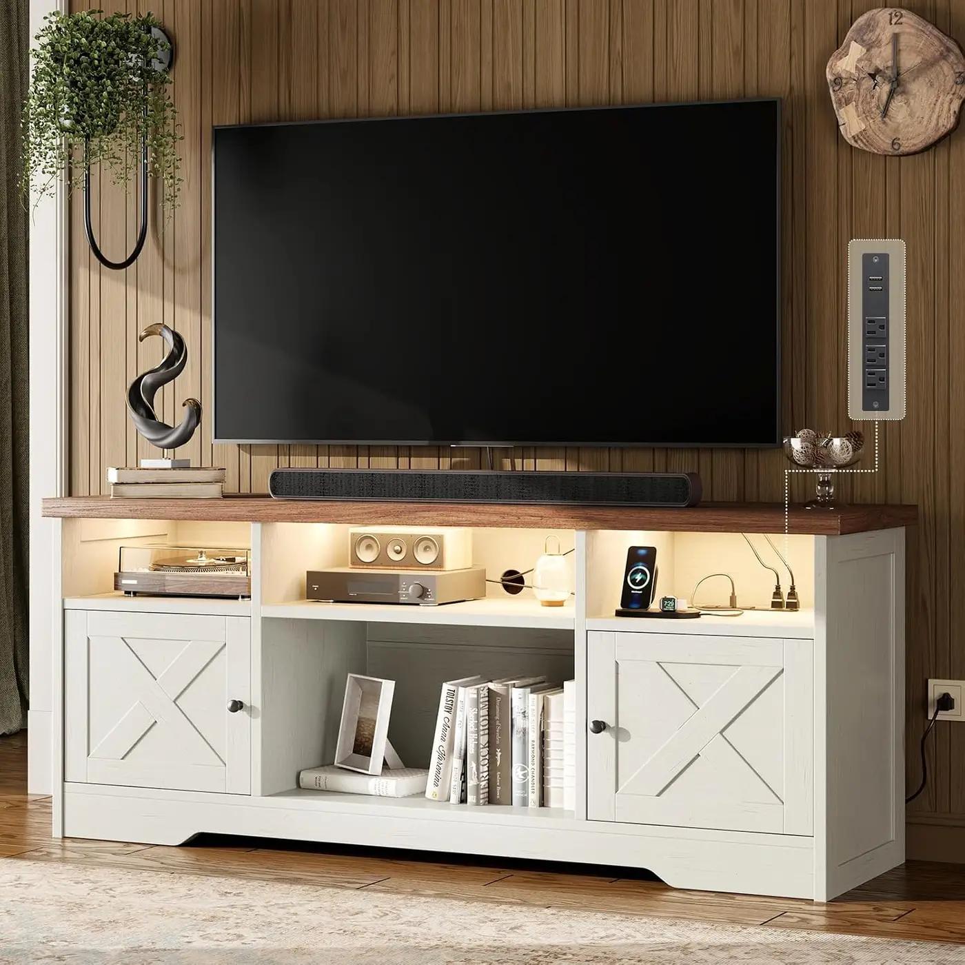 Casaottima TV Stand for 65 Inch TV, Farmhouse Entertainment Center with Power Outlet &amp; LED Light and Storage Cabinets, Console Table and Media Furniture for Living Room Bedroom, White