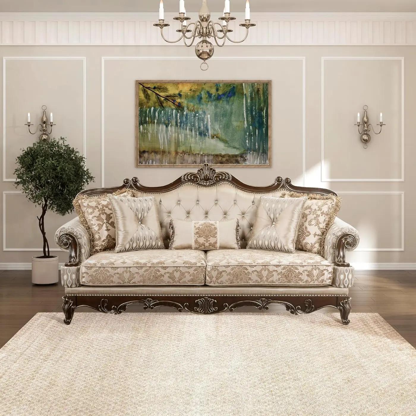 Lexicon Traditional Sofa Couch for Living Room, Rolled Arm Sofa with 5 Accent Pillows, Tufting, Queen Legs in Cherry Finish with Gold Tipping, Upholstered Living Room Furniture, 3 Seater Couch, Brown