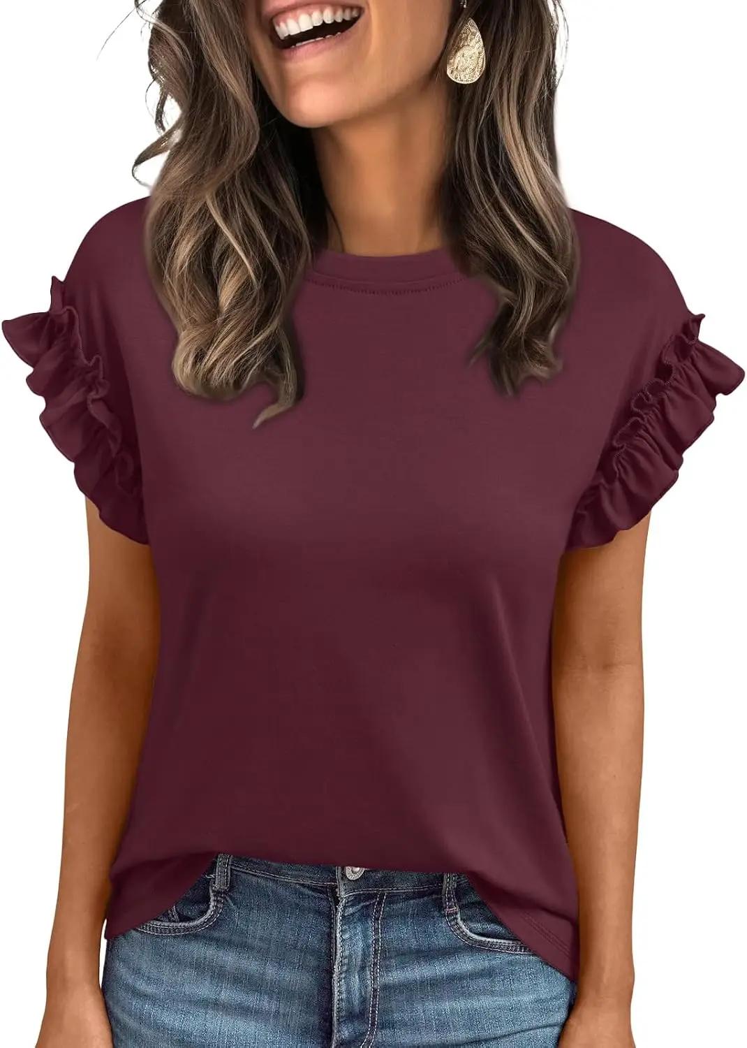 AUTOMET Womens Summer Trendy Tops Business Casual Short Sleeve Tshirts 2026 Cute Dressy Ruffle Crewneck Fashion Work Outfits OEKO-TEX STANDARD 100