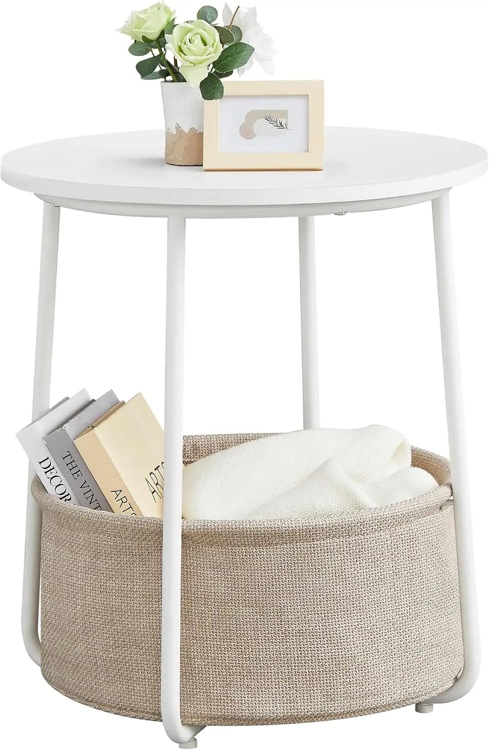 VASAGLE LILEA Collection - Small Round Side End Table, Modern Nightstand with Fabric Basket, Matte White and Camel Brown ULET223W10