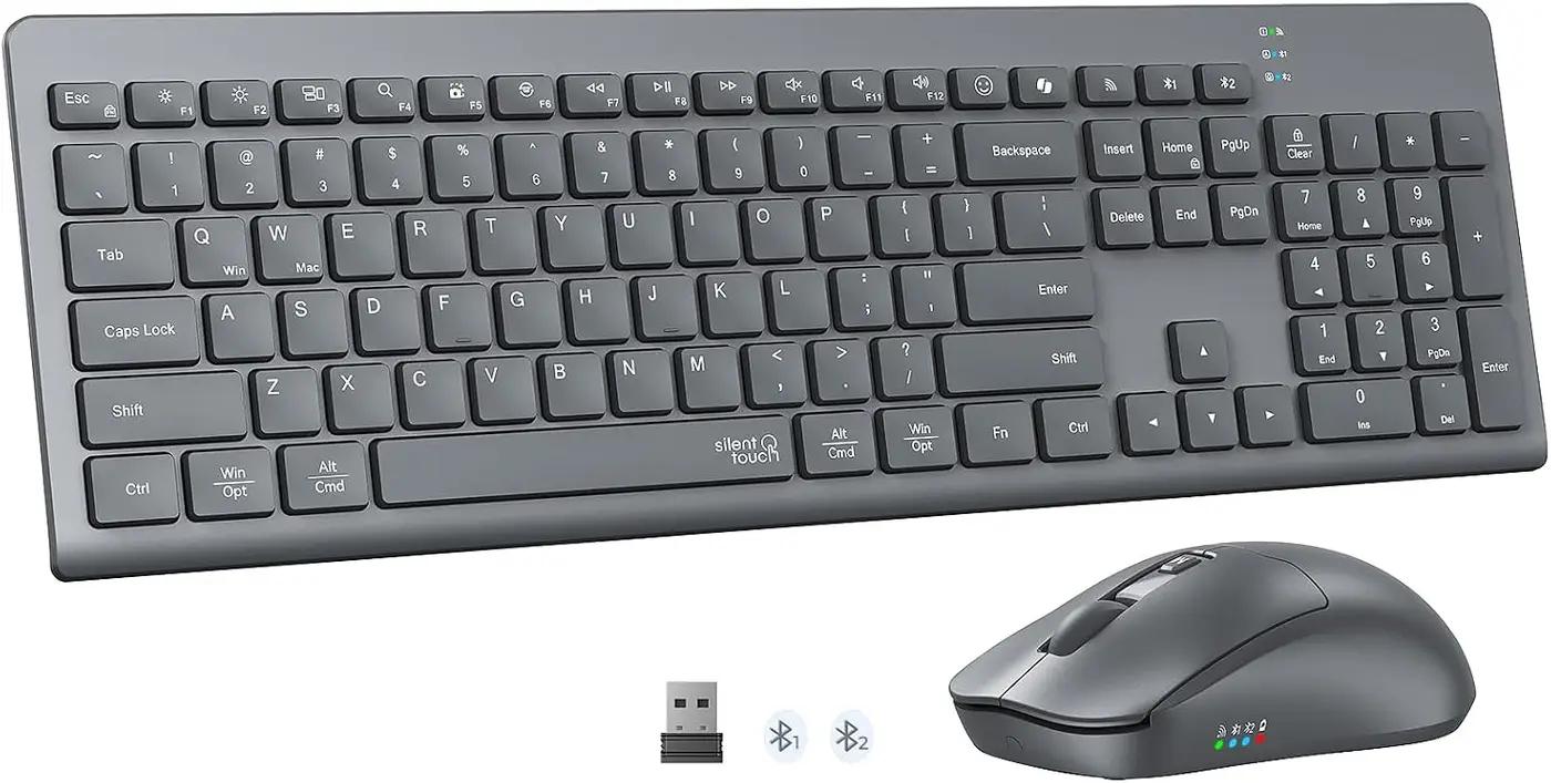 Wireless Keyboard and Mouse, Quiet Bluetooth Keyboard Mouse Set, 2.4G/Bluetooth Full-Sized Computer Keyboard, 3200 DPI Adjustable Mouse, Long-Life Battery, for PC/Laptop/Tablet/Windows/Mac