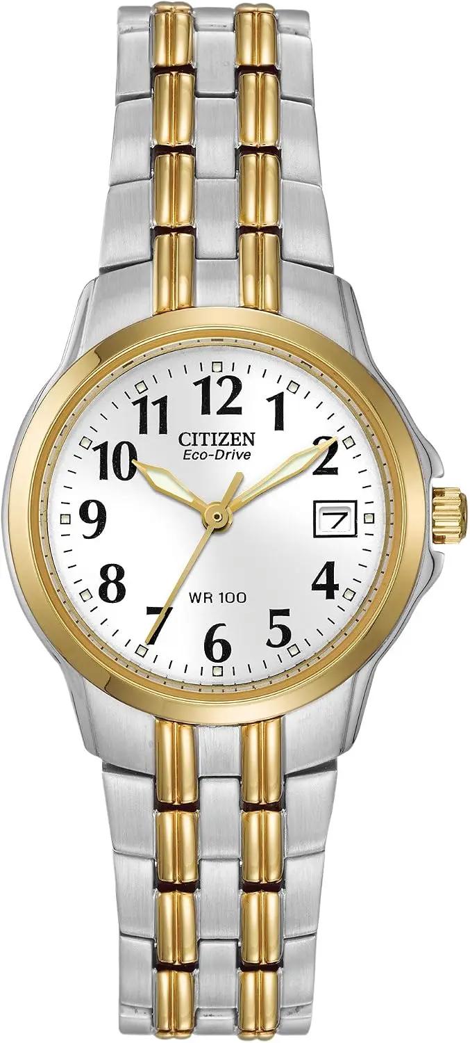 CITIZEN Women's Eco-Drive Dress Classic Two Tone Gold Stainless Steel Watch, Easy to Read, White Dial, 26mm (Model: EW1544-53A)