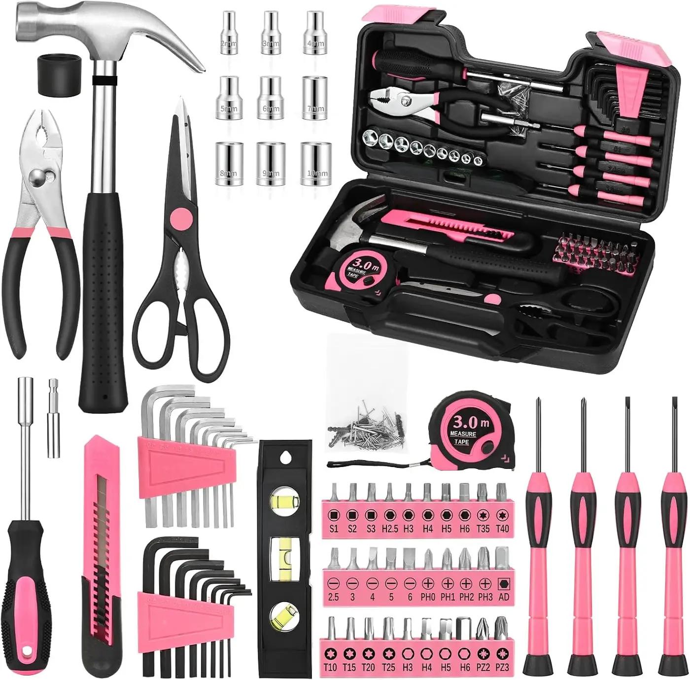 144-Piece Pink Tool Kit Basic Home Repair Tool Set General Household Hand Tool Kit Small Tool Kit with Plastic Toolbox basic home tool kit for Women, Office &amp; College Repairs