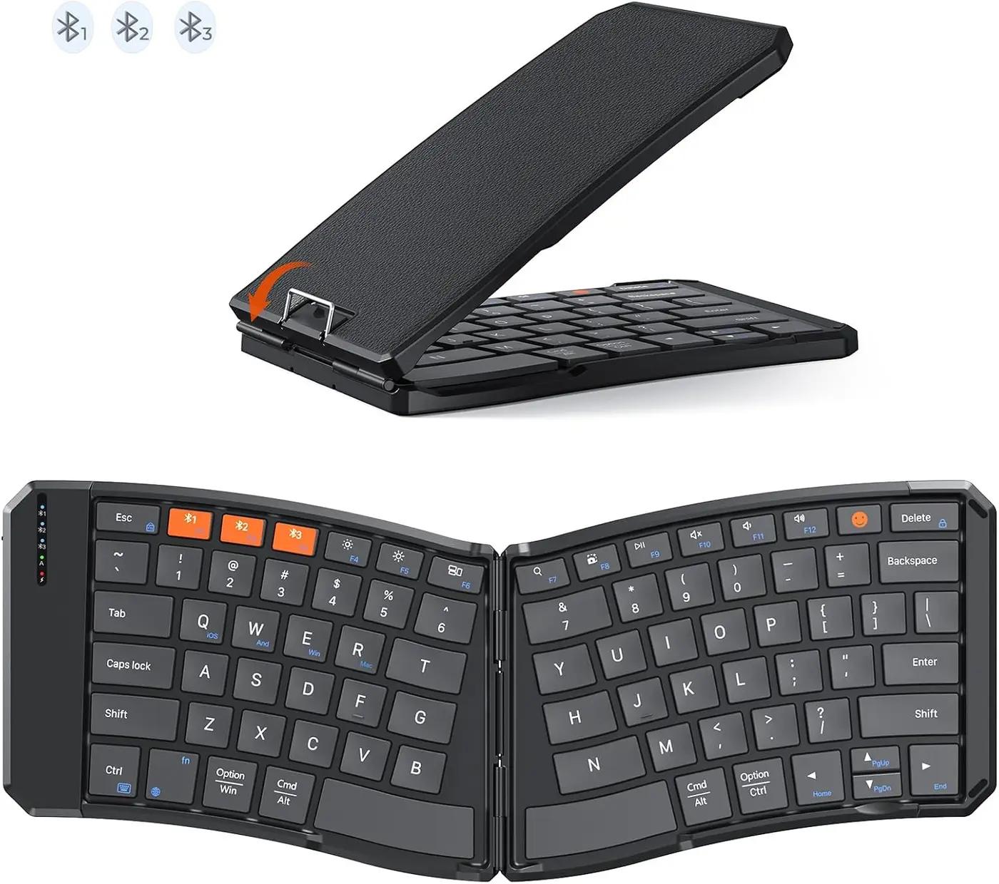 MEETION New Ergonomic Bluetooth Foldable Keyboard, Split Compact Portable Wireless Keyboard for Business Travel, Rechargeable Folding Keyboard for Tablet PC Smartphone iOS Android Windows Mac Black Global Recycled Standard