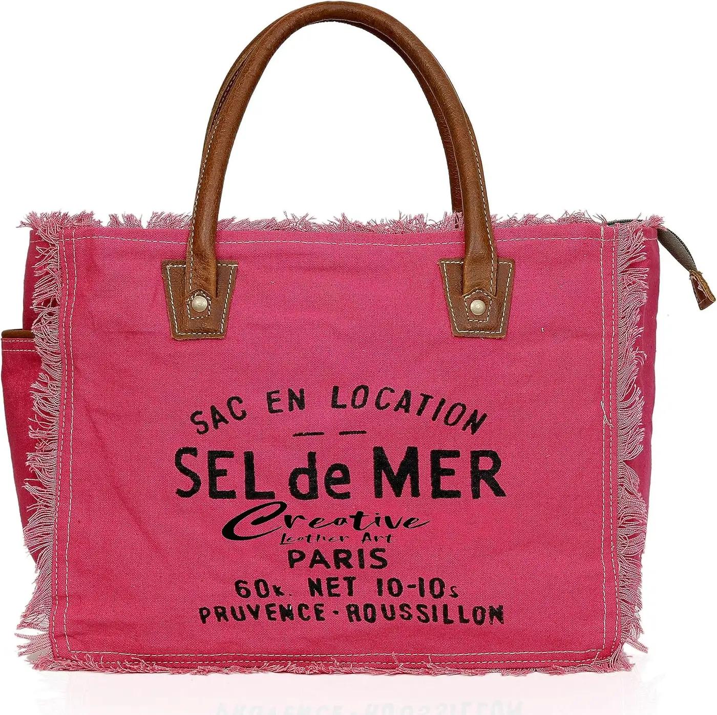 Sel de Mer Canvas Tote Bag for Women with Leather Handles, Shoulder Bag, Casual Everyday Purse, Beach, Travel, Shopping Bag