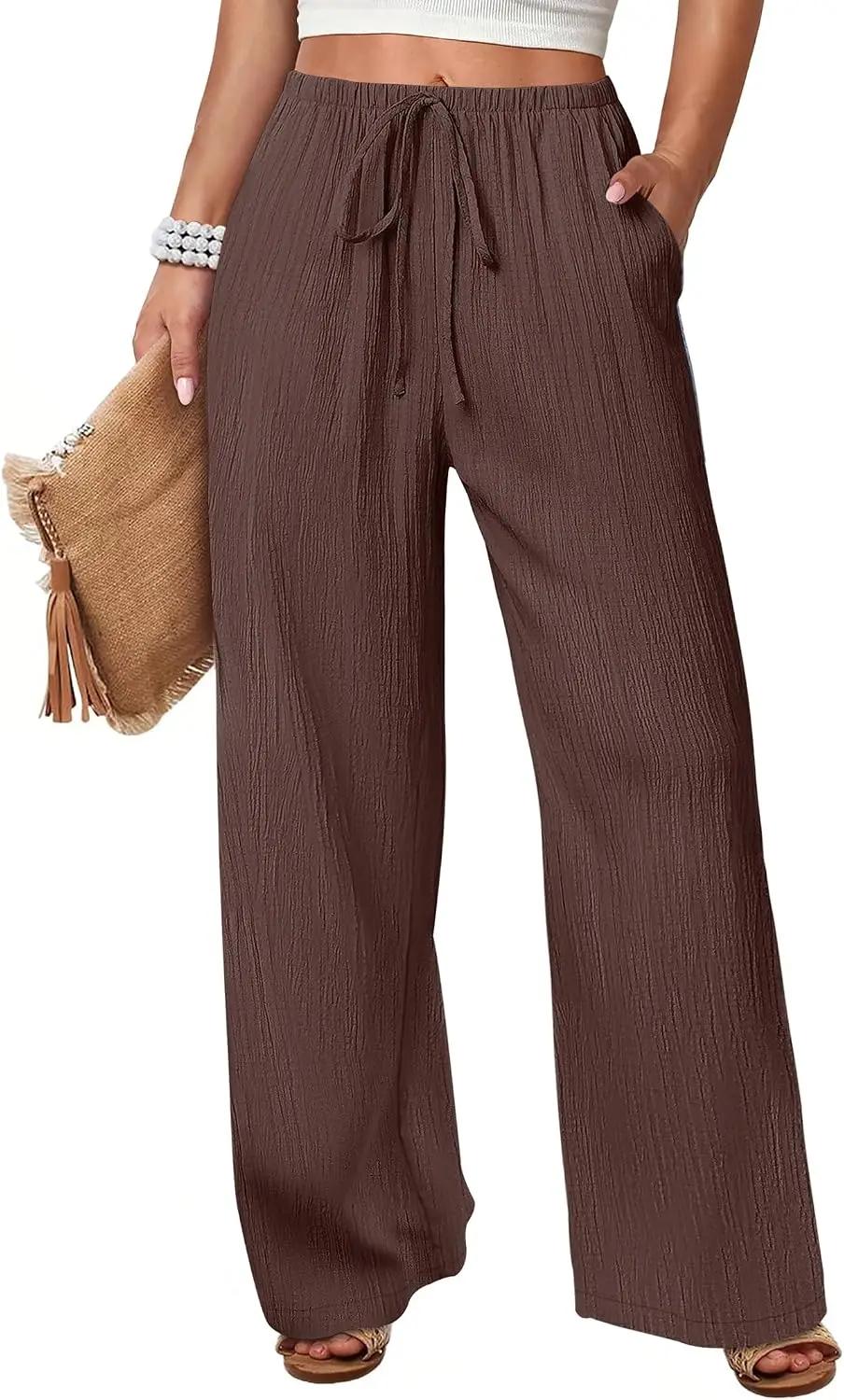 ANRABESS Women's Wide Leg Beach Pants Elastic Waist Lightweight Casual Flowy Palazzo Lounge Trousers with Pockets Global Recycled Standard