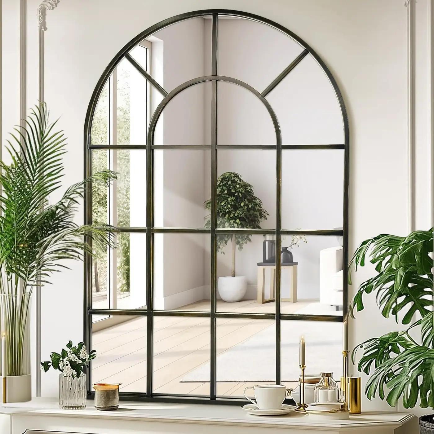 Anpark Arched Windowpane Wall Mirror 30"x48" Bronze Wall Mounted Art Pane Mirror Farmhouse Decorative Mirror Leaning Hanging Wall Mirror for Bedroom Living Room Entrance Hallway Wall Decor
