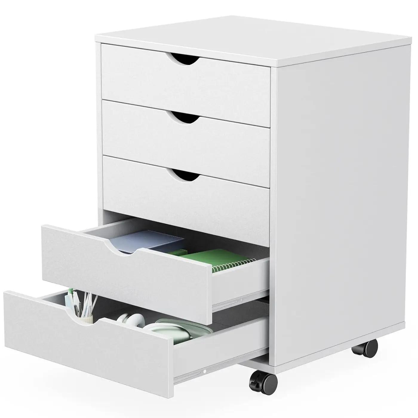 Sweetcrispy 5 Drawer Chest Mobile Storage Cabinets Small Wooden Dresser with Wheels Room Organization Furniture for Office Home, White Wood
