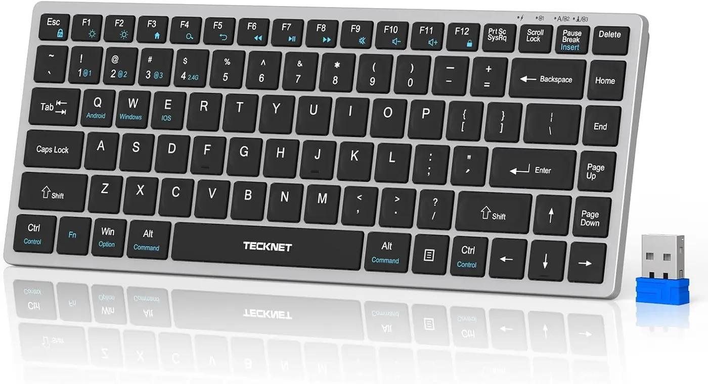 TECKNET Bluetooth Keyboard Rechargeable, 4-Device (2.4G+3BT) Wireless Keyboard, Ultra-Slim Quiet Typing, 14 Hotkeys Computer Keyboard for PC/Laptop/Smart TV/Tablet/iPad Global Recycled Standard